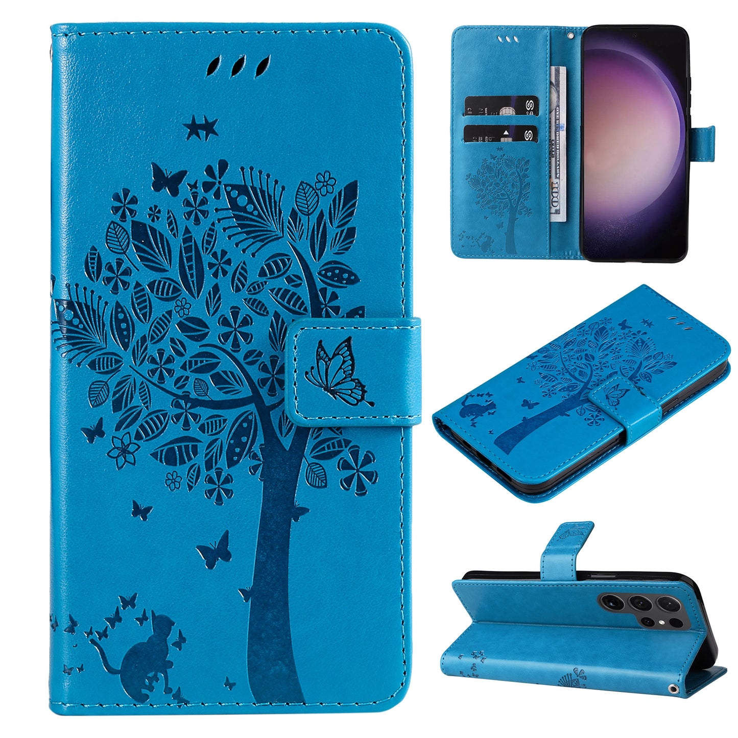 For Samsung Galaxy S24 Ultra Case KT Imprinting Flower Series-3 Shockproof Wallet Phone Shell - Blue
