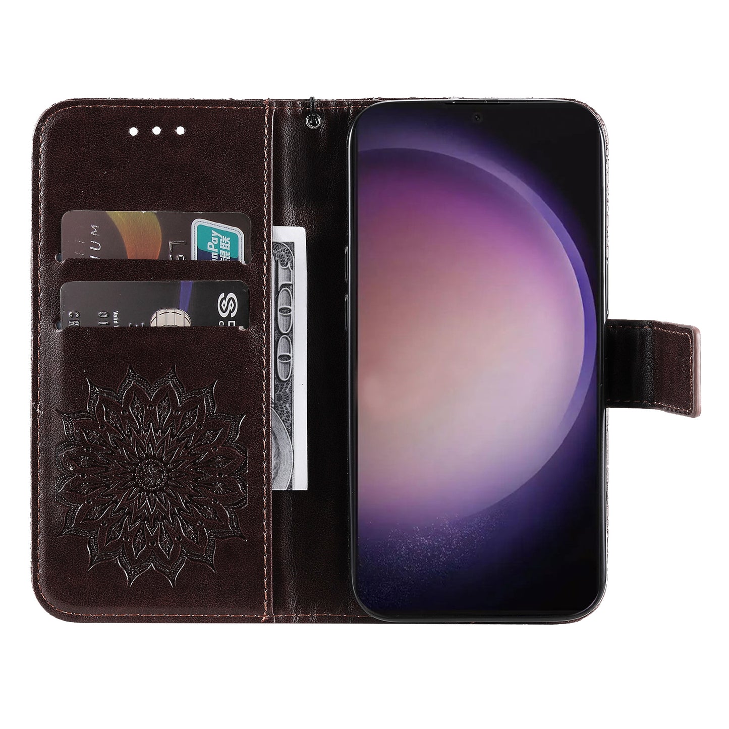 KT Imprinting Flower Series-1 For Samsung Galaxy S24 Ultra Case PU Leather Phone Wallet Cover - Brown