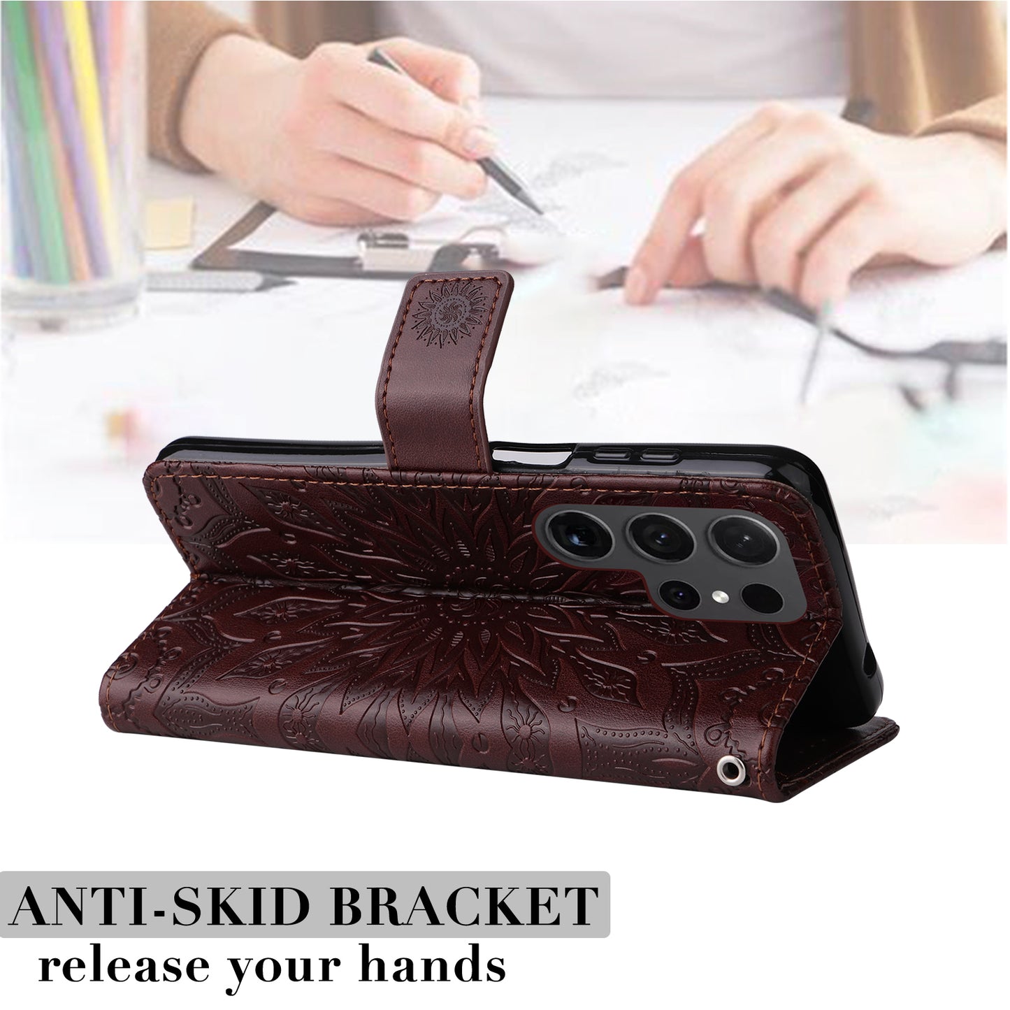 KT Imprinting Flower Series-1 For Samsung Galaxy S24 Ultra Case PU Leather Phone Wallet Cover - Brown