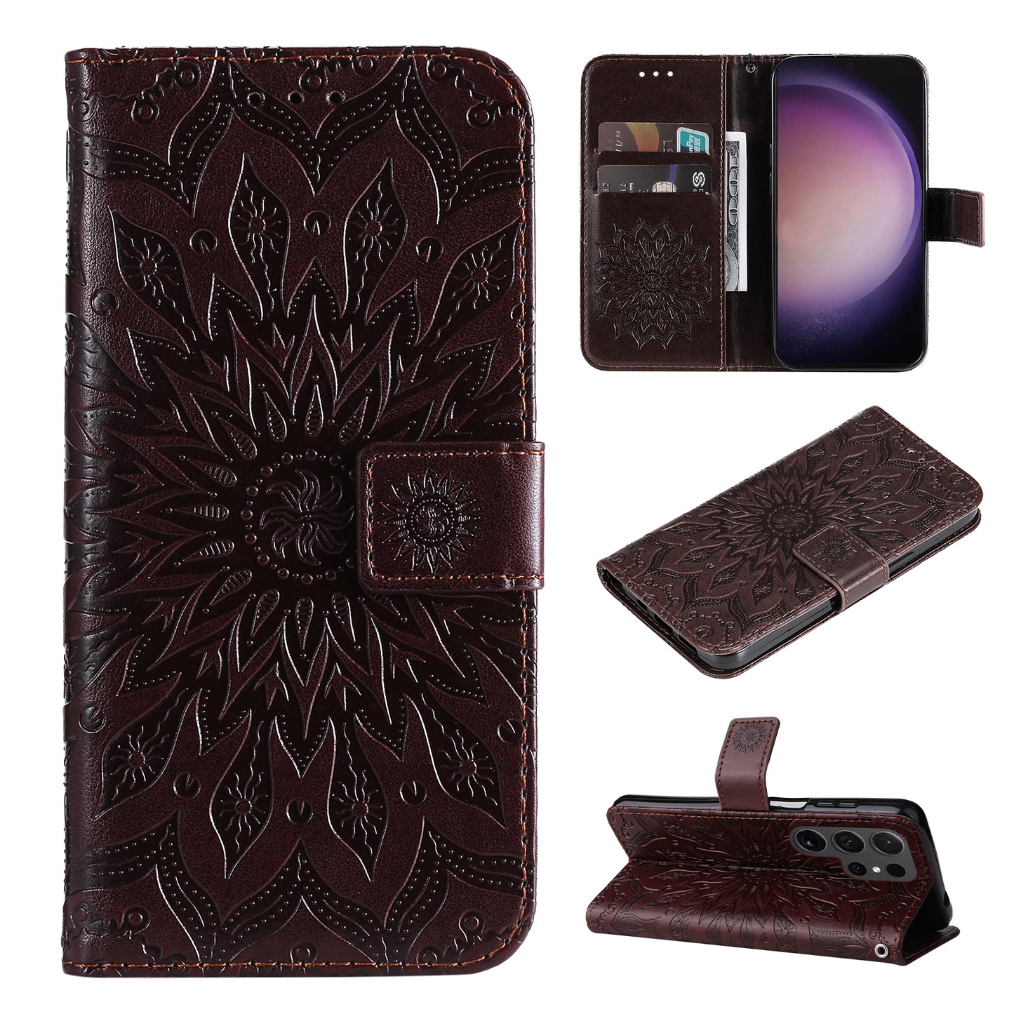 KT Imprinting Flower Series-1 For Samsung Galaxy S24 Ultra Case PU Leather Phone Wallet Cover - Brown