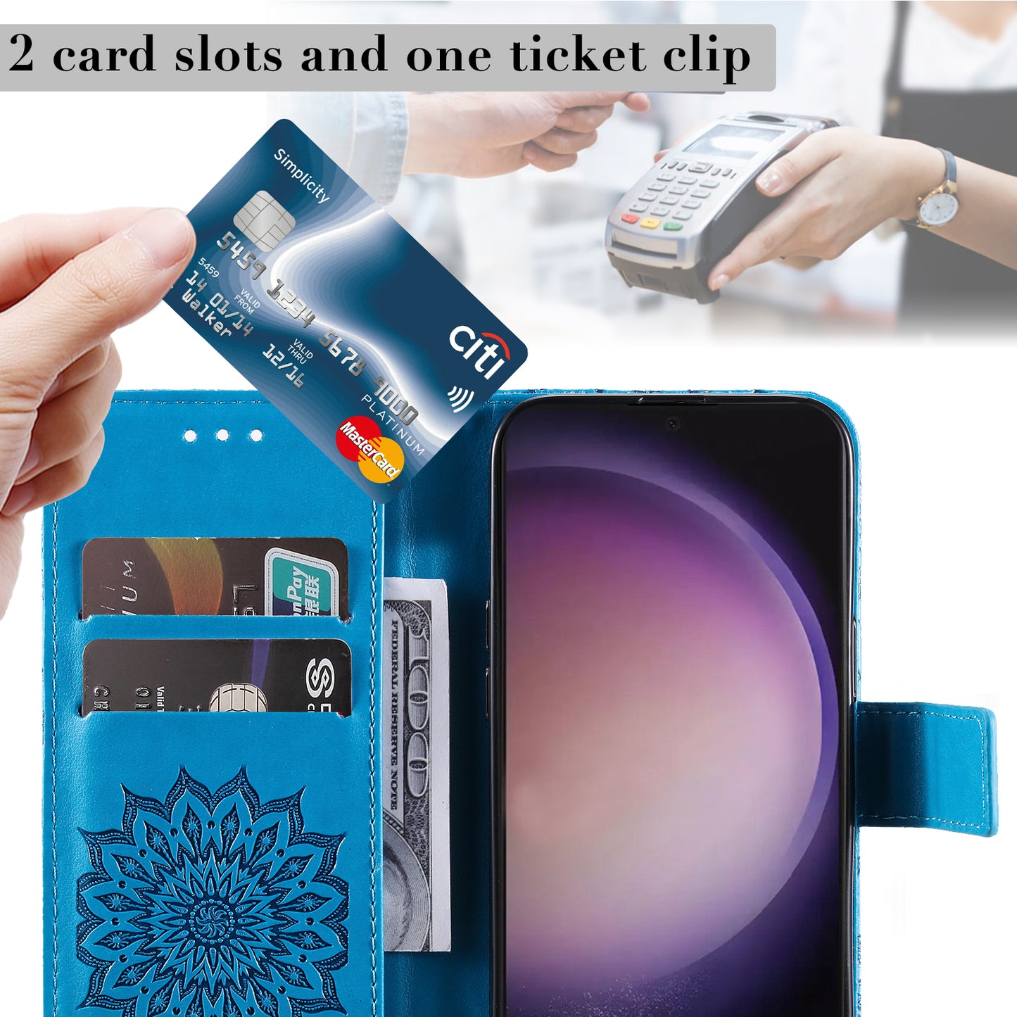 KT Imprinting Flower Series-1 For Samsung Galaxy S24 Ultra Case PU Leather Phone Wallet Cover - Blue