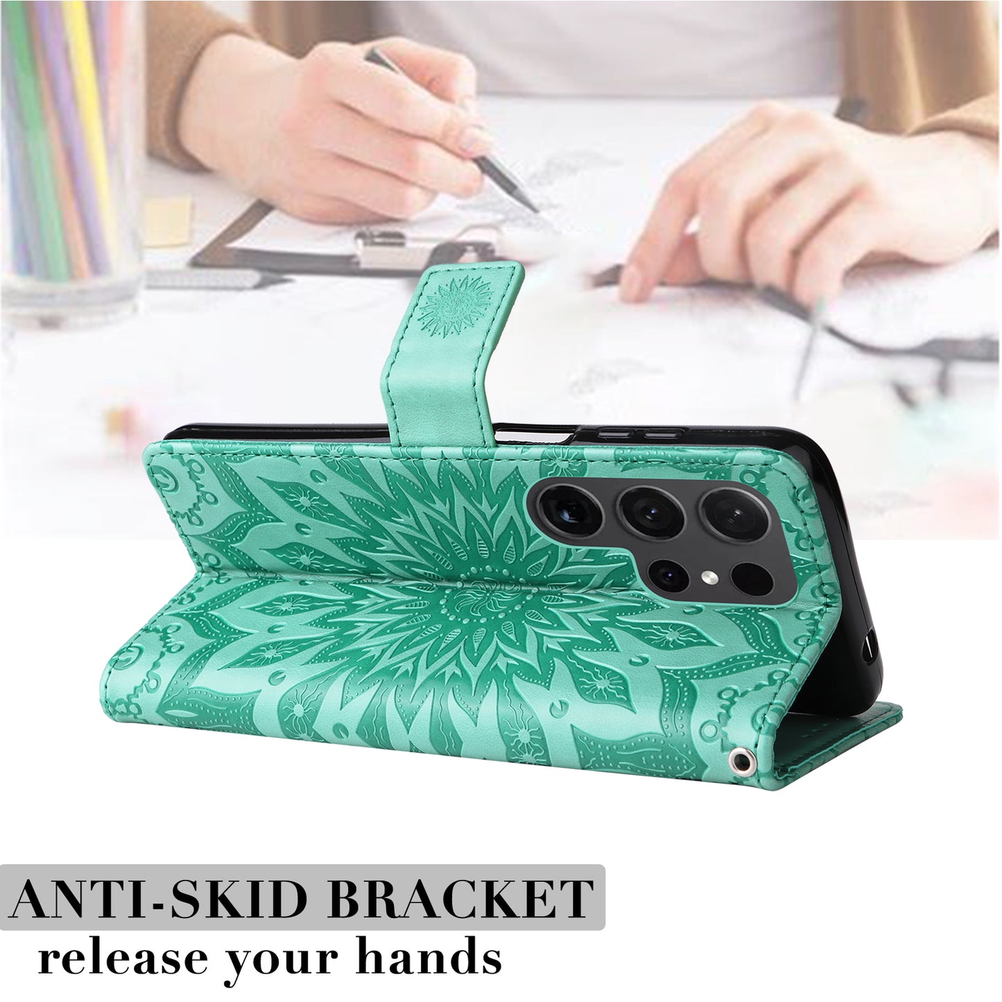 KT Imprinting Flower Series-1 For Samsung Galaxy S24 Ultra Case PU Leather Phone Wallet Cover - Green