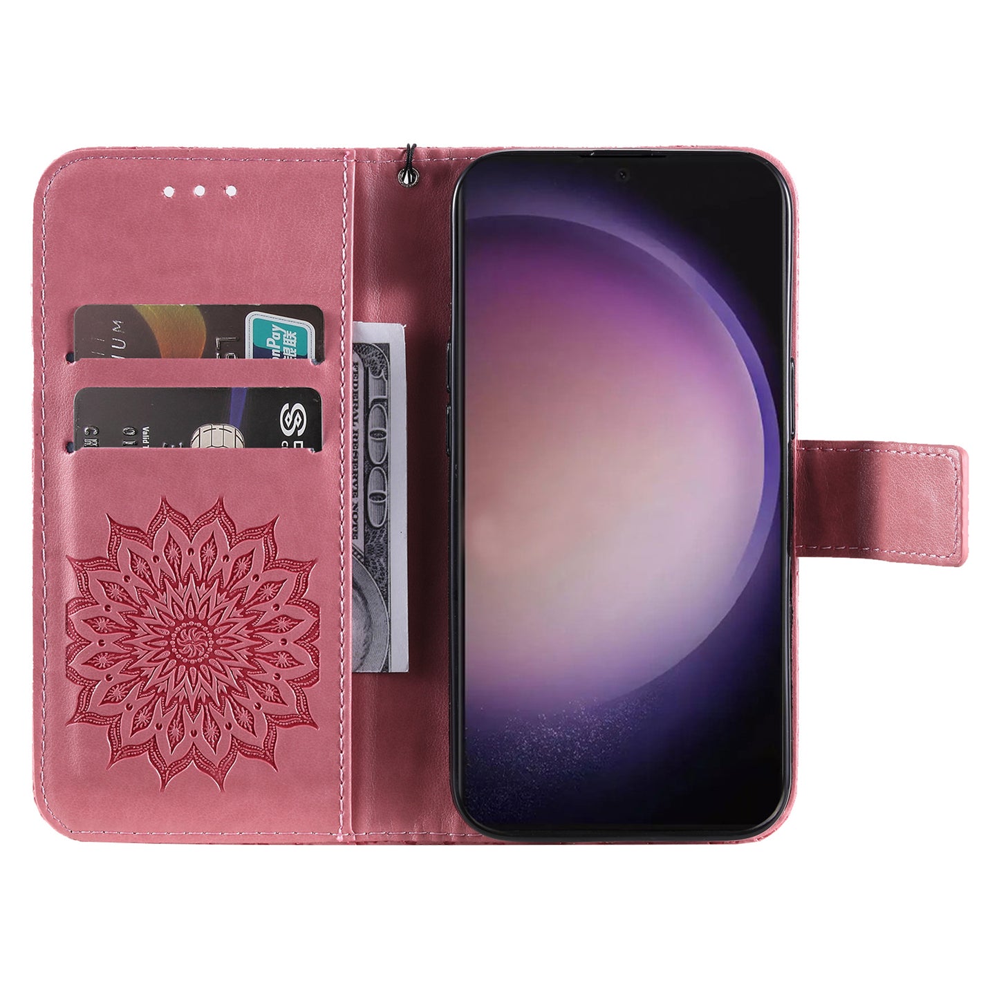 KT Imprinting Flower Series-1 For Samsung Galaxy S24 Ultra Case PU Leather Phone Wallet Cover - Pink