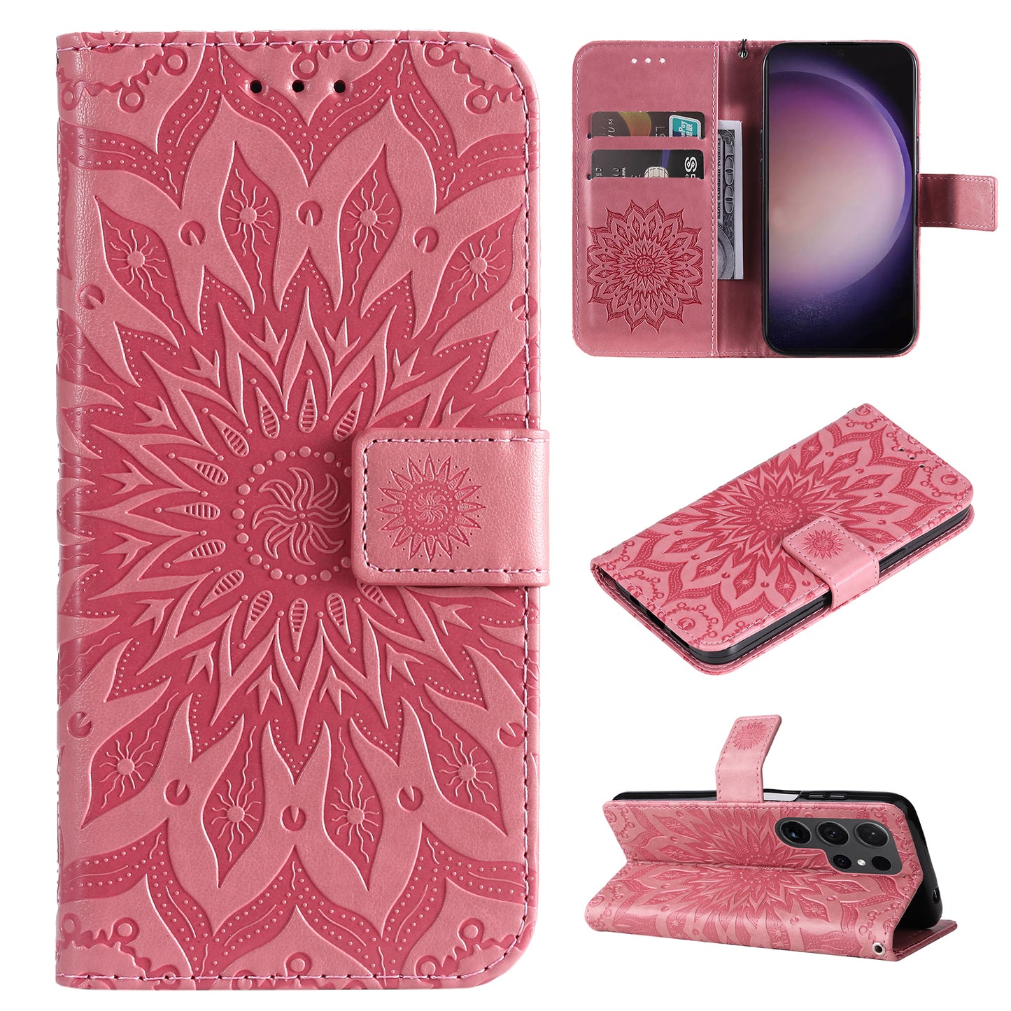 KT Imprinting Flower Series-1 For Samsung Galaxy S24 Ultra Case PU Leather Phone Wallet Cover - Pink