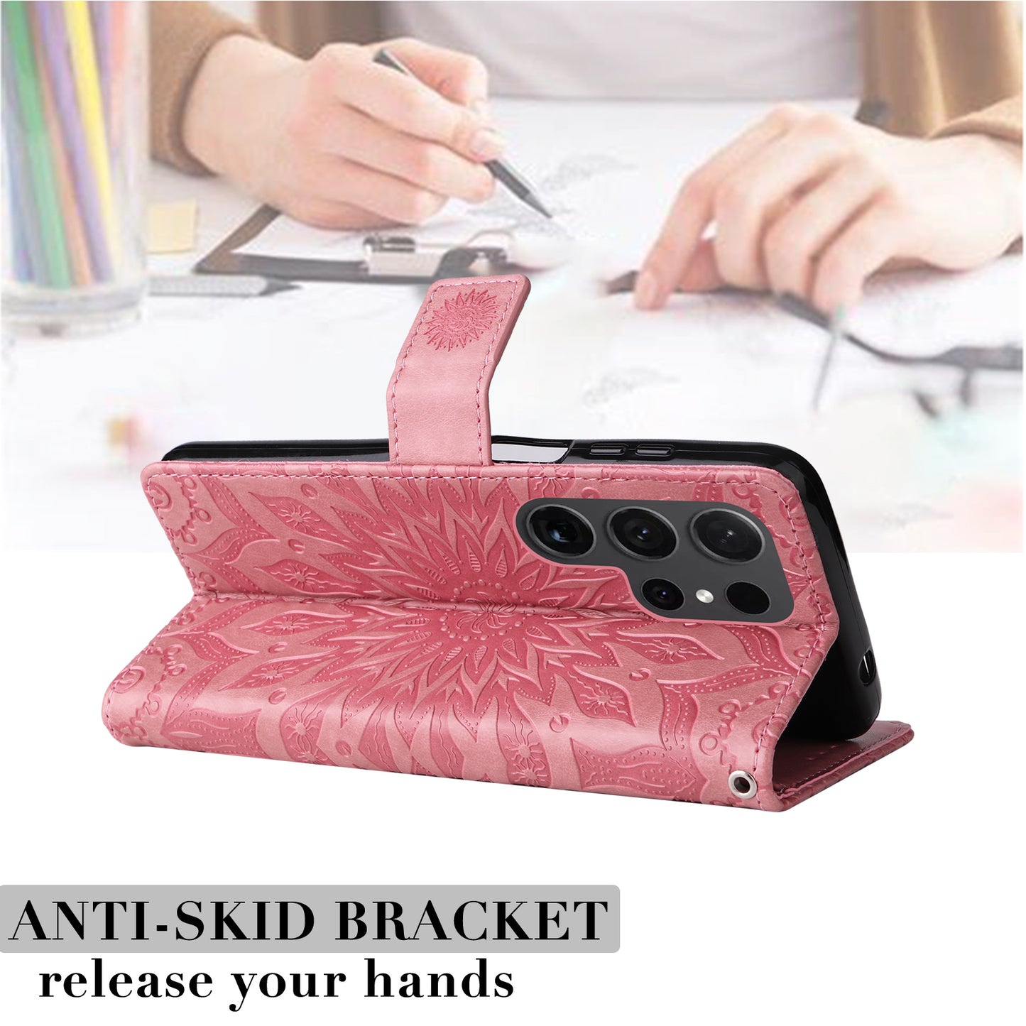 KT Imprinting Flower Series-1 For Samsung Galaxy S24 Ultra Case PU Leather Phone Wallet Cover - Pink