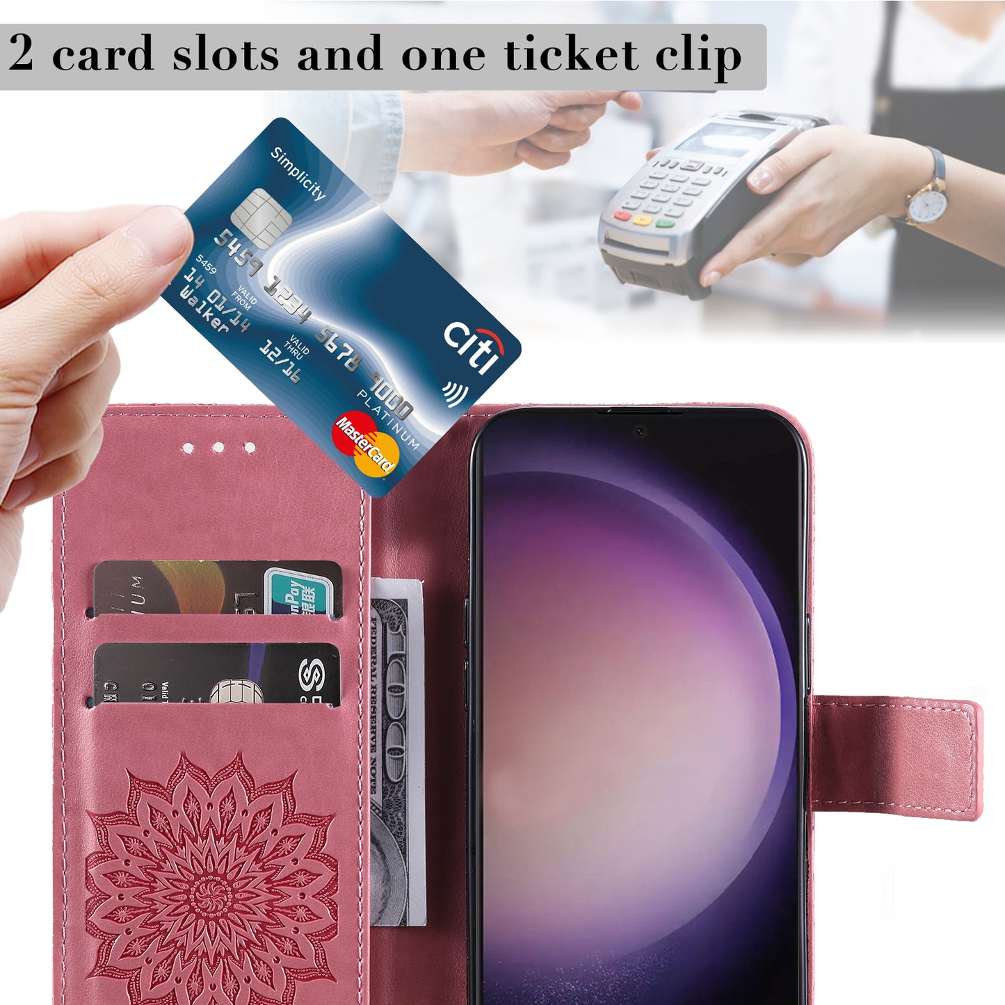 KT Imprinting Flower Series-1 For Samsung Galaxy S24 Ultra Case PU Leather Phone Wallet Cover - Pink