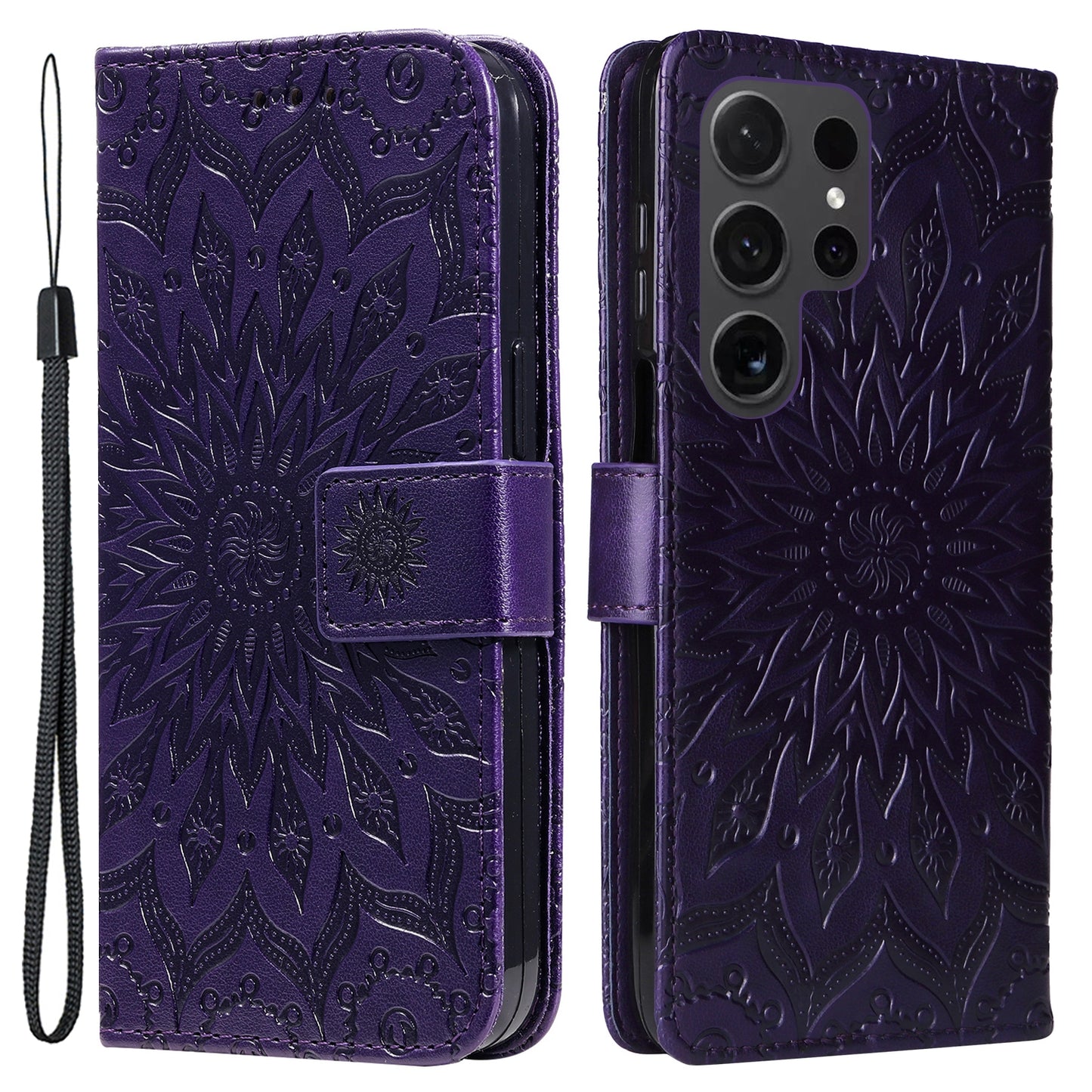 KT Imprinting Flower Series-1 For Samsung Galaxy S24 Ultra Case PU Leather Phone Wallet Cover - Purple