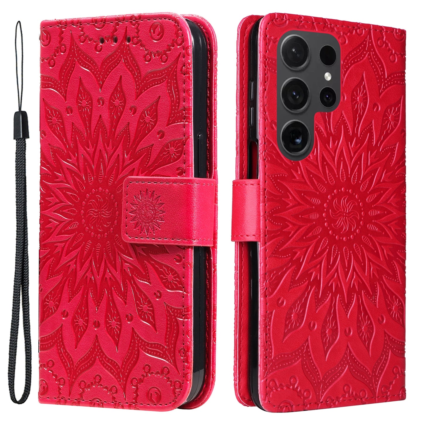 KT Imprinting Flower Series-1 For Samsung Galaxy S24 Ultra Case PU Leather Phone Wallet Cover - Red