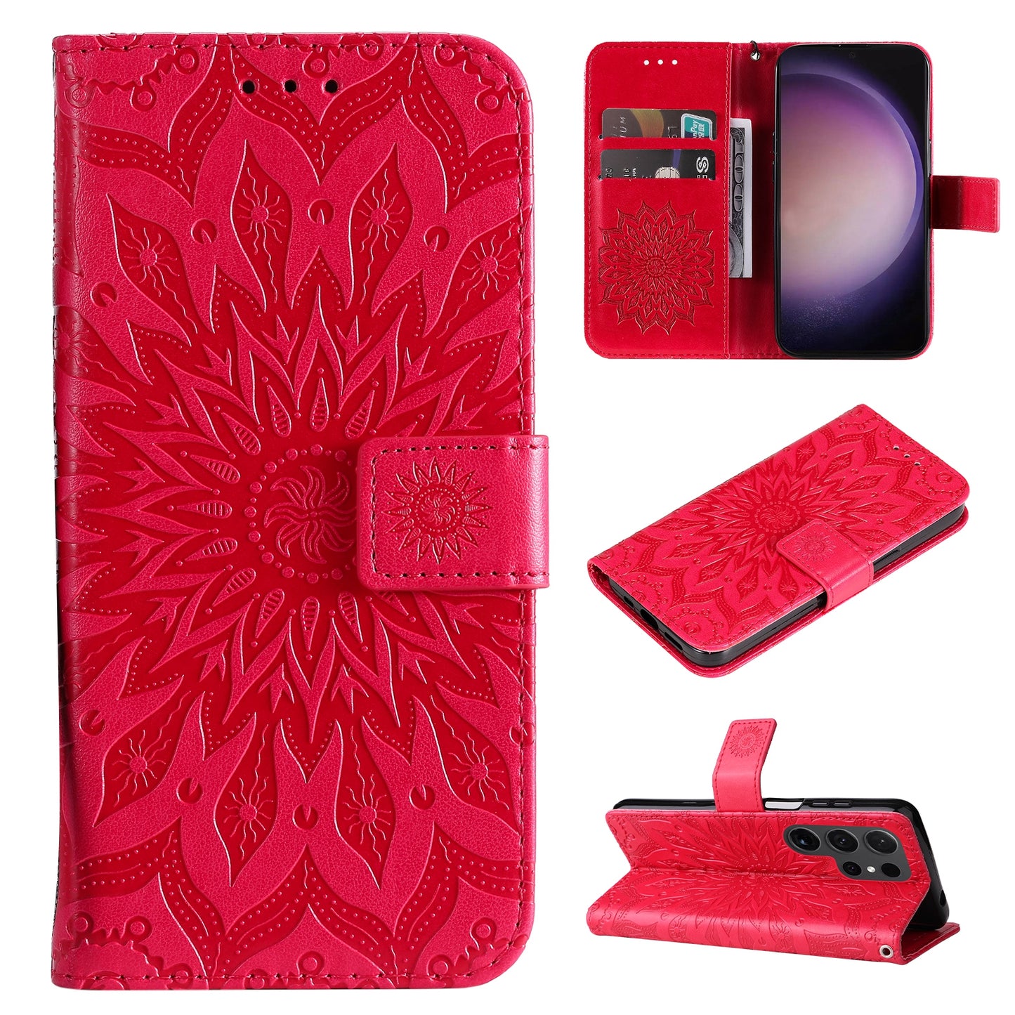 KT Imprinting Flower Series-1 For Samsung Galaxy S24 Ultra Case PU Leather Phone Wallet Cover - Red
