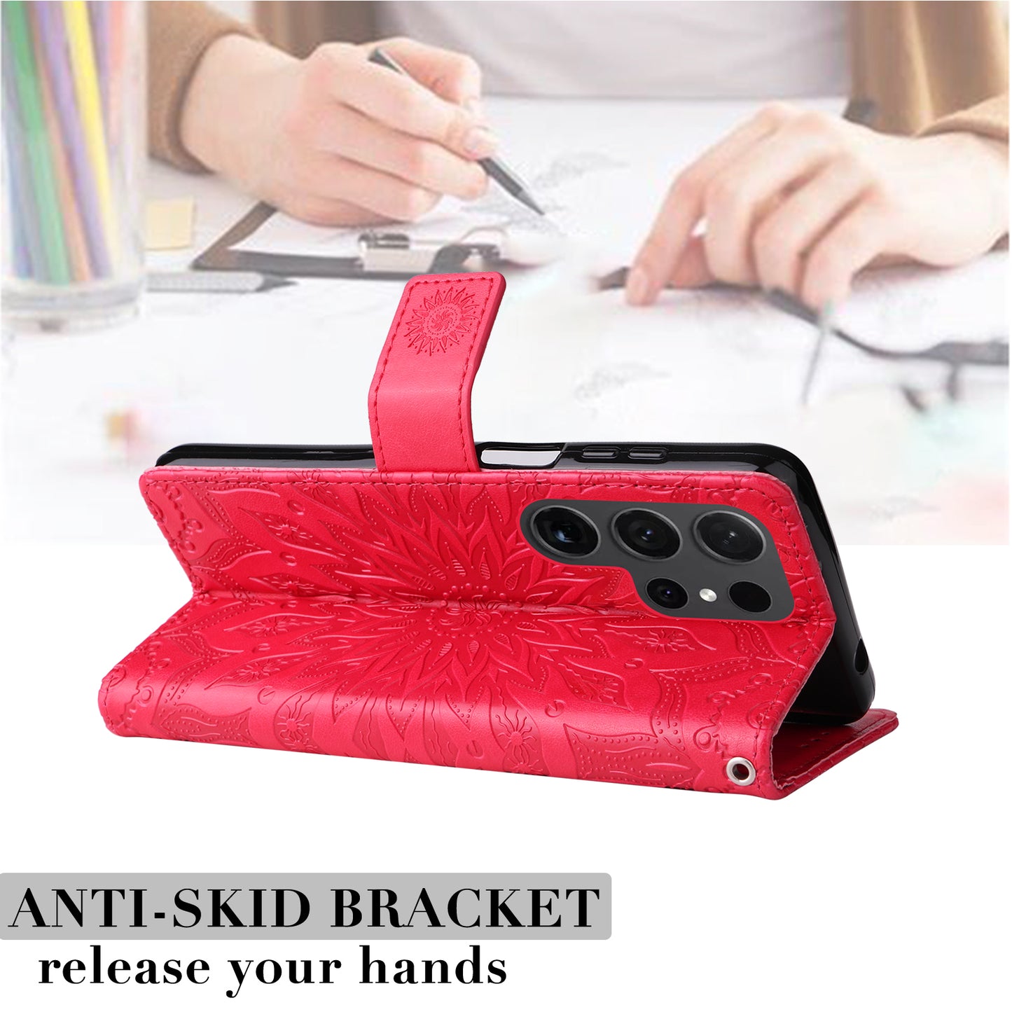 KT Imprinting Flower Series-1 For Samsung Galaxy S24 Ultra Case PU Leather Phone Wallet Cover - Red