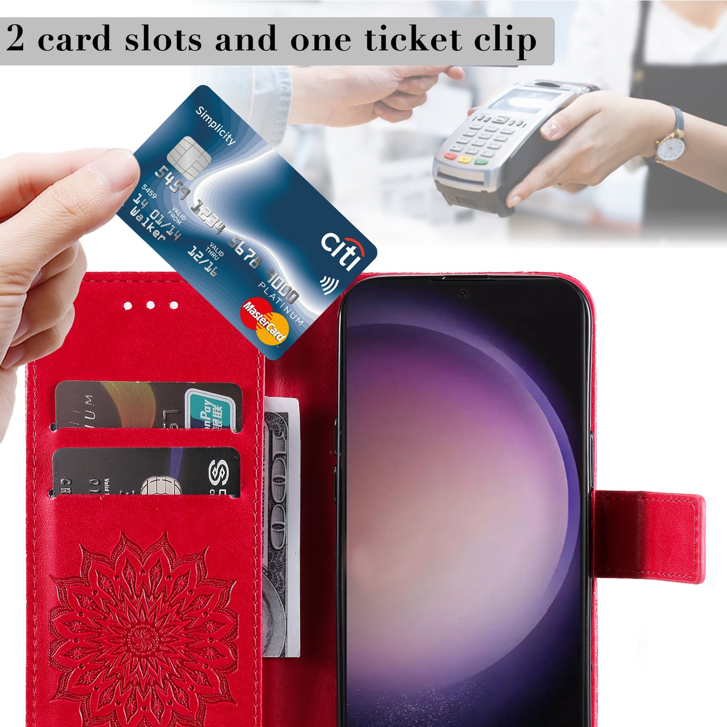 KT Imprinting Flower Series-1 For Samsung Galaxy S24 Ultra Case PU Leather Phone Wallet Cover - Red