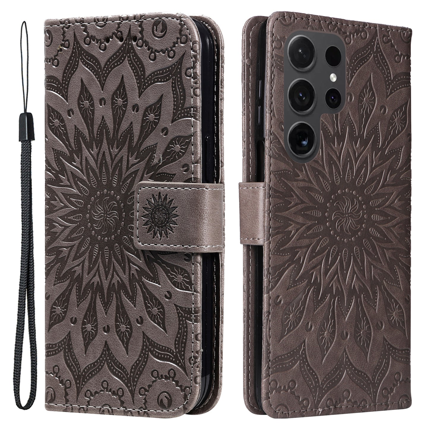 KT Imprinting Flower Series-1 For Samsung Galaxy S24 Ultra Case PU Leather Phone Wallet Cover - Grey