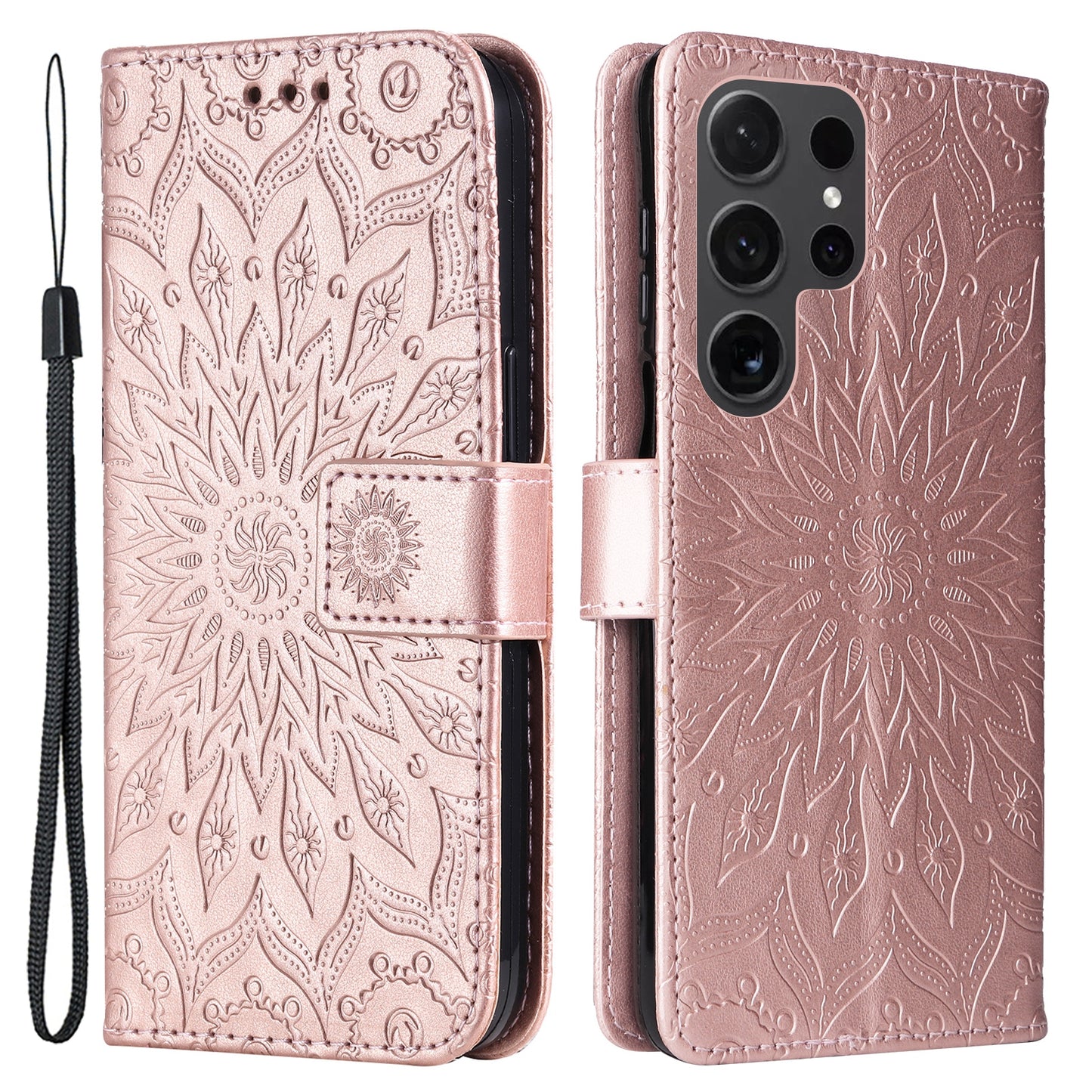 KT Imprinting Flower Series-1 For Samsung Galaxy S24 Ultra Case PU Leather Phone Wallet Cover - Rose Gold