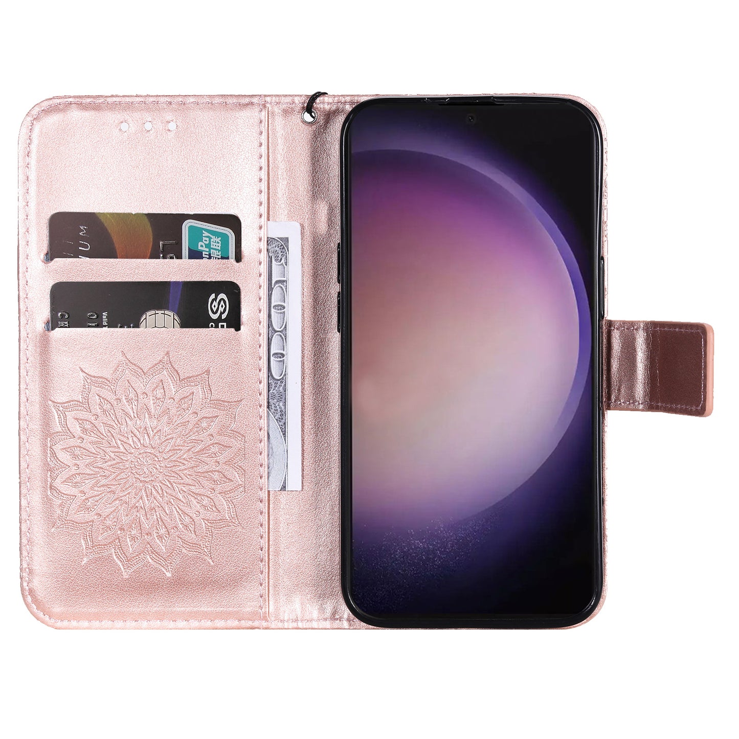 KT Imprinting Flower Series-1 For Samsung Galaxy S24 Ultra Case PU Leather Phone Wallet Cover - Rose Gold