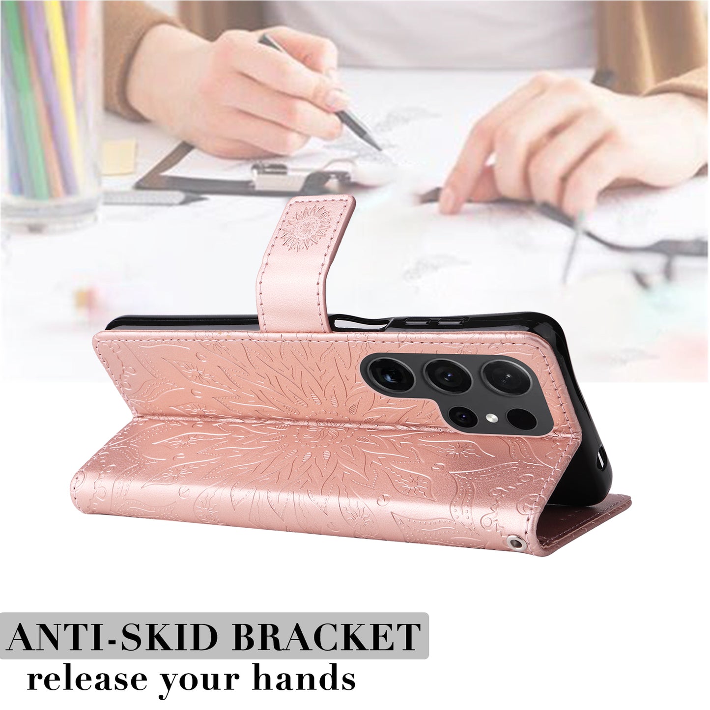 KT Imprinting Flower Series-1 For Samsung Galaxy S24 Ultra Case PU Leather Phone Wallet Cover - Rose Gold