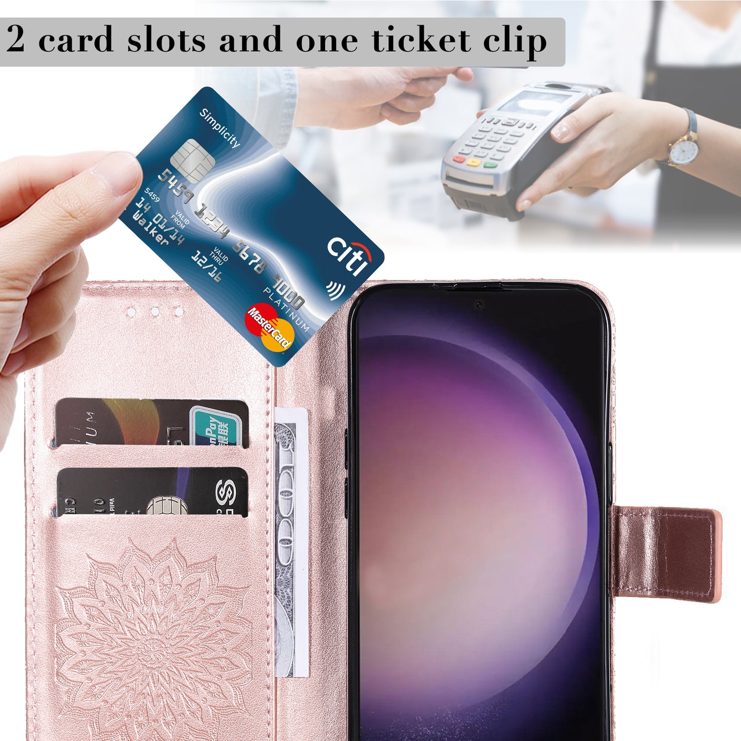 KT Imprinting Flower Series-1 For Samsung Galaxy S24 Ultra Case PU Leather Phone Wallet Cover - Rose Gold