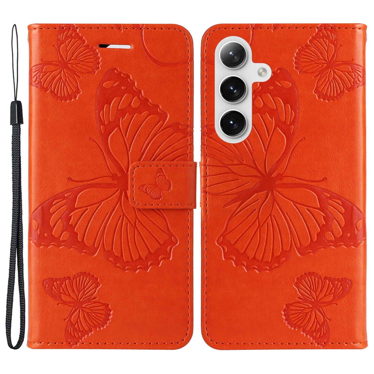 KT Imprinting Flower Series-2 For Samsung Galaxy S24+ Case Butterfly Imprint Leather Phone Cover - Orange