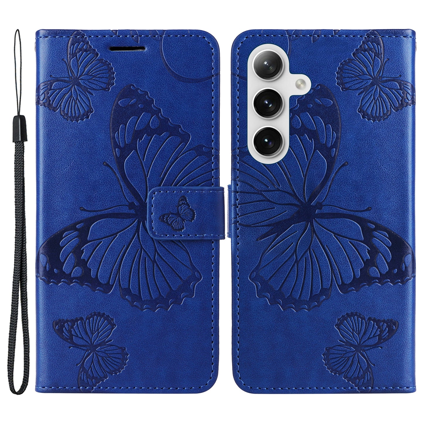 KT Imprinting Flower Series-2 For Samsung Galaxy S24+ Case Butterfly Imprint Leather Phone Cover - Blue