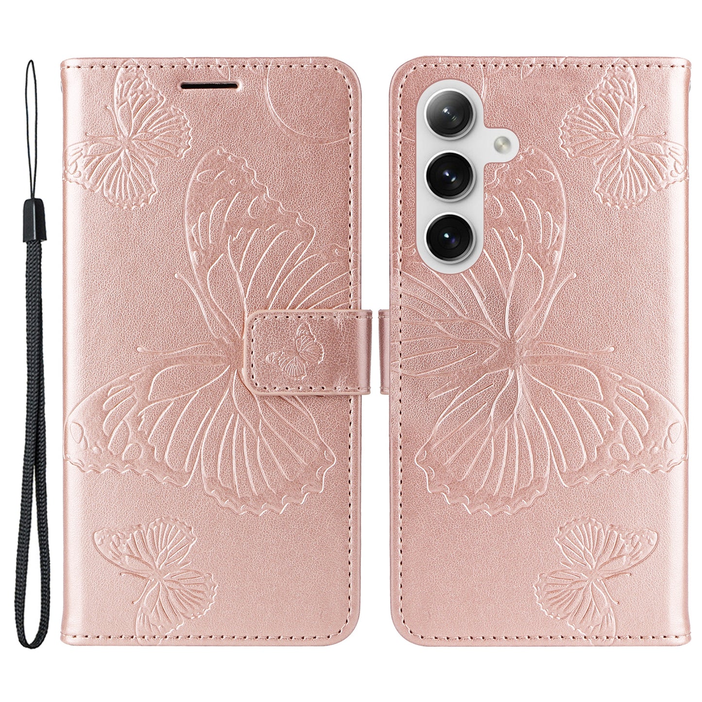 KT Imprinting Flower Series-2 For Samsung Galaxy S24+ Case Butterfly Imprint Leather Phone Cover - Rose Gold