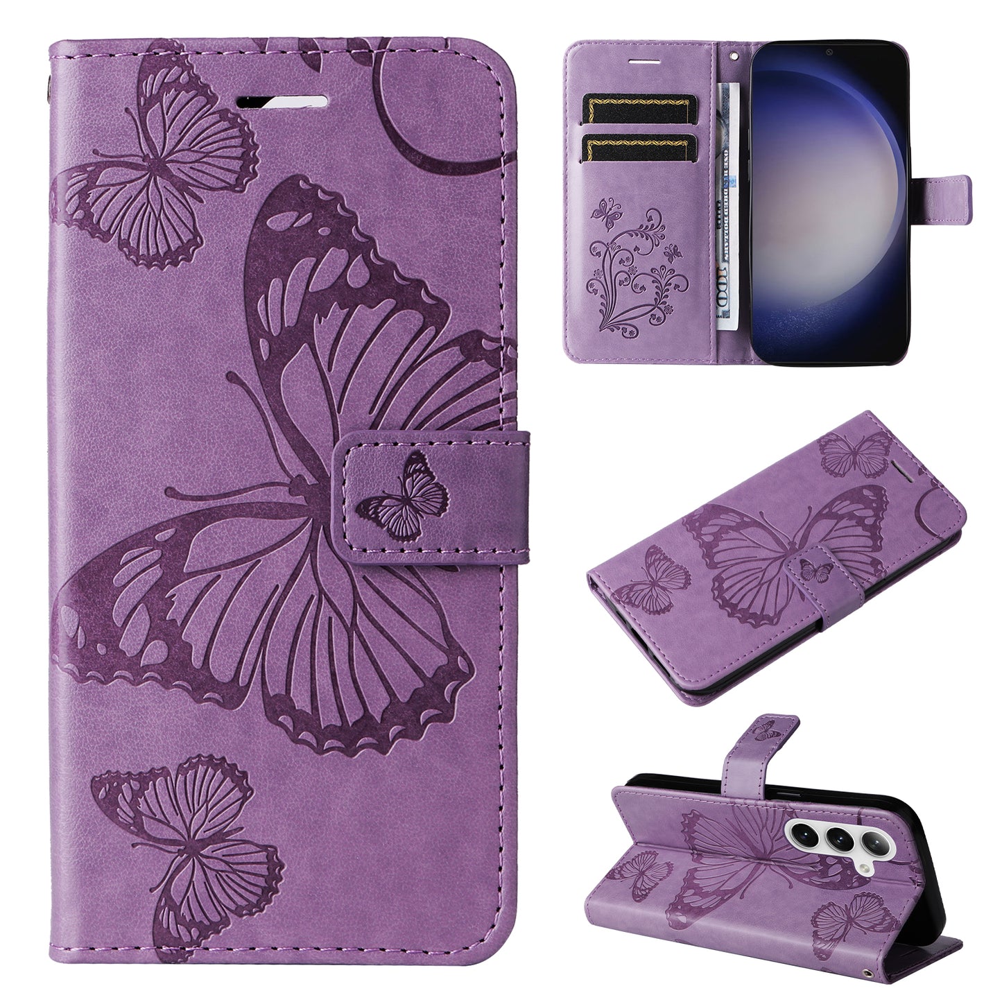 KT Imprinting Flower Series-2 For Samsung Galaxy S24+ Case Butterfly Imprint Leather Phone Cover - Purple