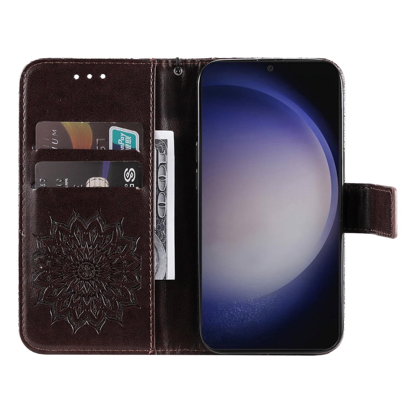 KT Imprinting Flower Series-1 For Samsung Galaxy S24+ Case Imprinted Leather Wallet Phone Cover - Brown