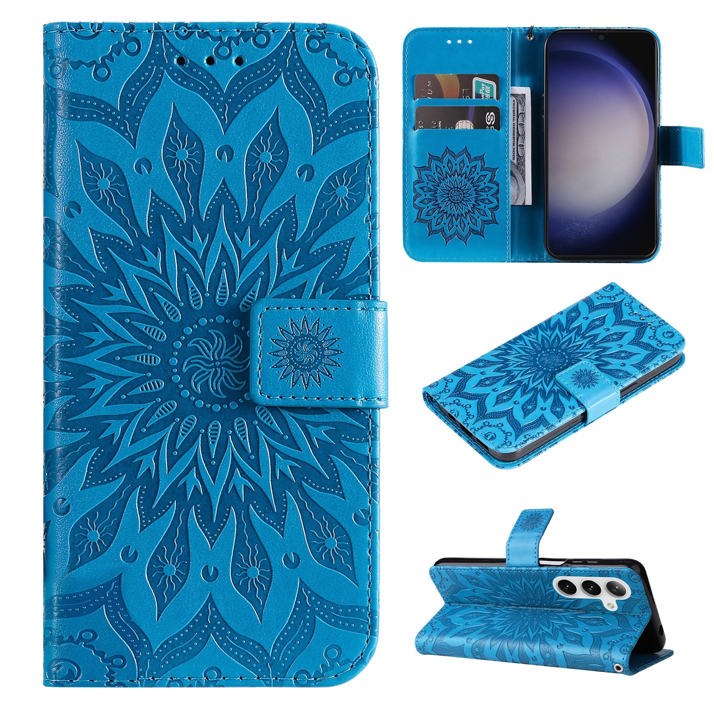 KT Imprinting Flower Series-1 For Samsung Galaxy S24+ Case Imprinted Leather Wallet Phone Cover - Blue
