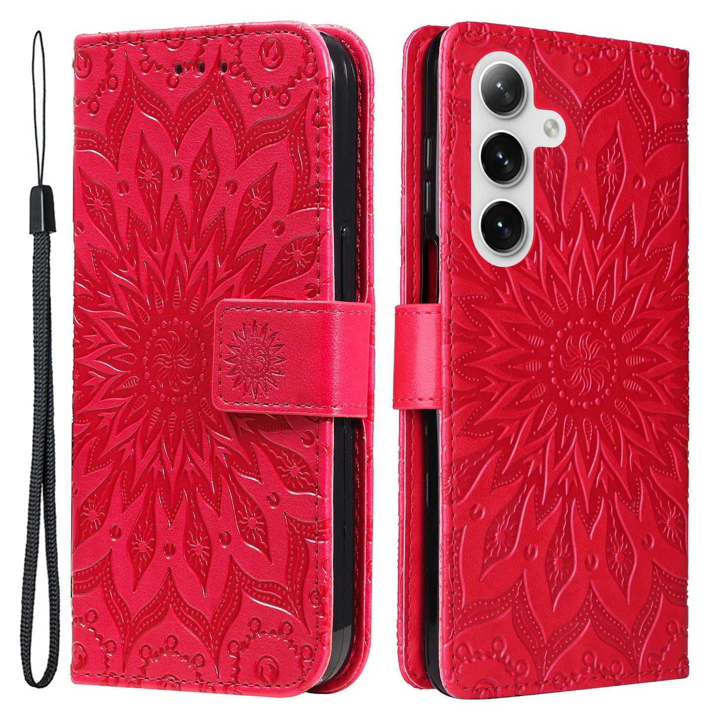 KT Imprinting Flower Series-1 For Samsung Galaxy S24+ Case Imprinted Leather Wallet Phone Cover - Red