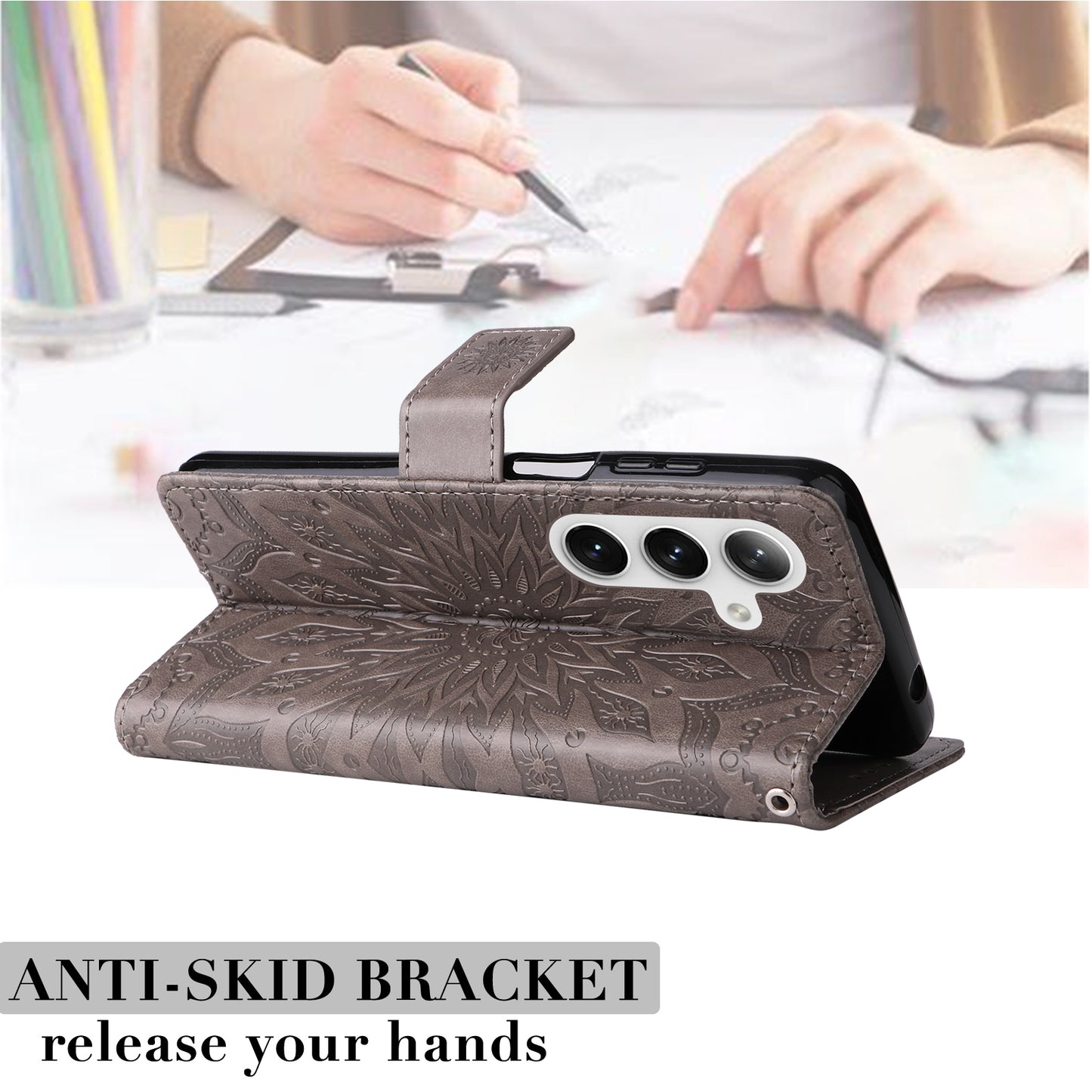 KT Imprinting Flower Series-1 For Samsung Galaxy S24+ Case Imprinted Leather Wallet Phone Cover - Grey