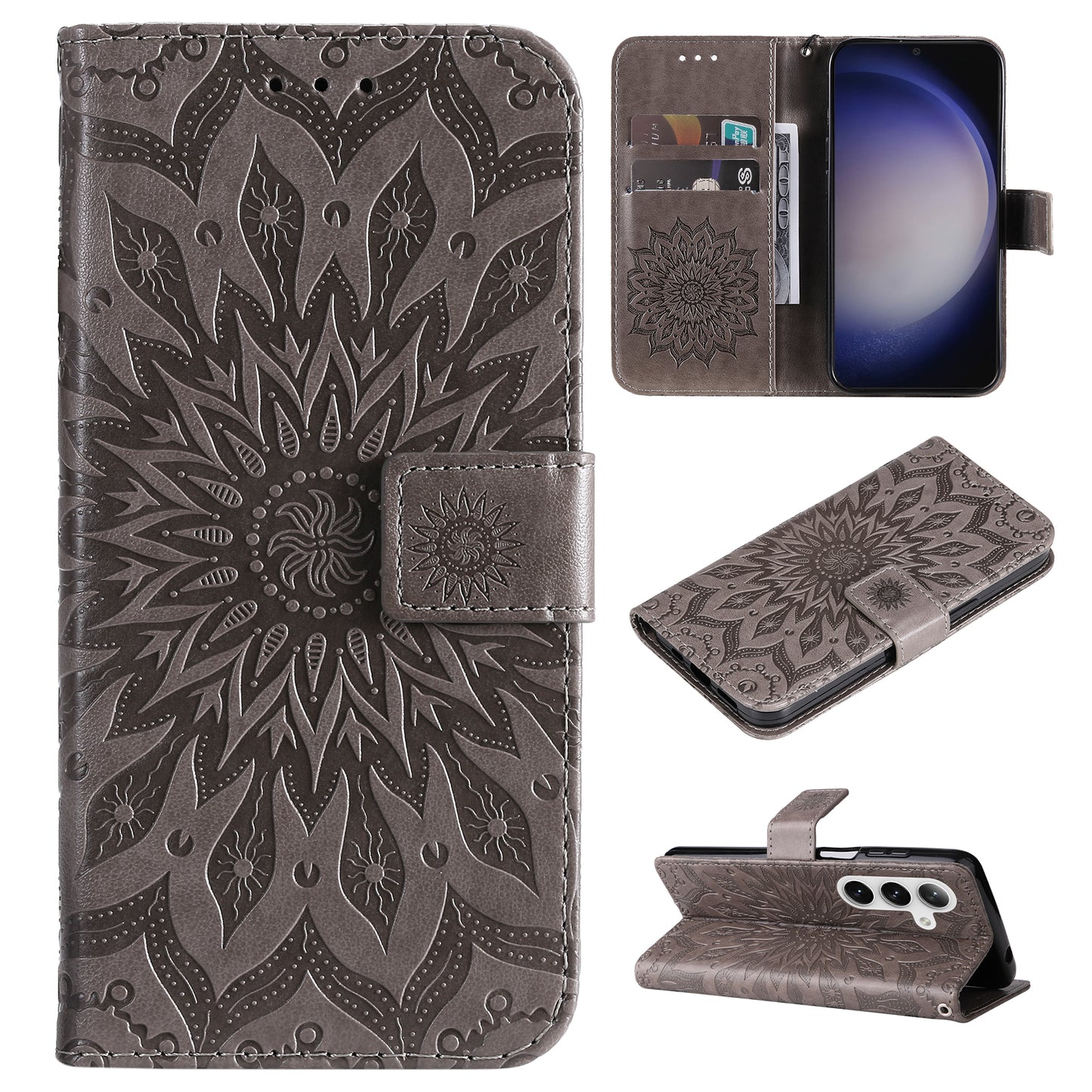 KT Imprinting Flower Series-1 For Samsung Galaxy S24+ Case Imprinted Leather Wallet Phone Cover - Grey