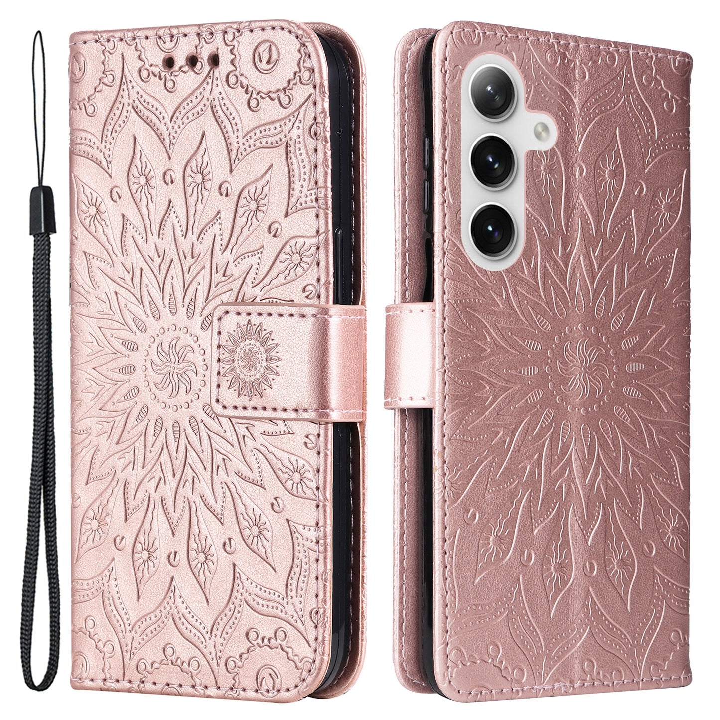 KT Imprinting Flower Series-1 For Samsung Galaxy S24+ Case Imprinted Leather Wallet Phone Cover - Rose Gold