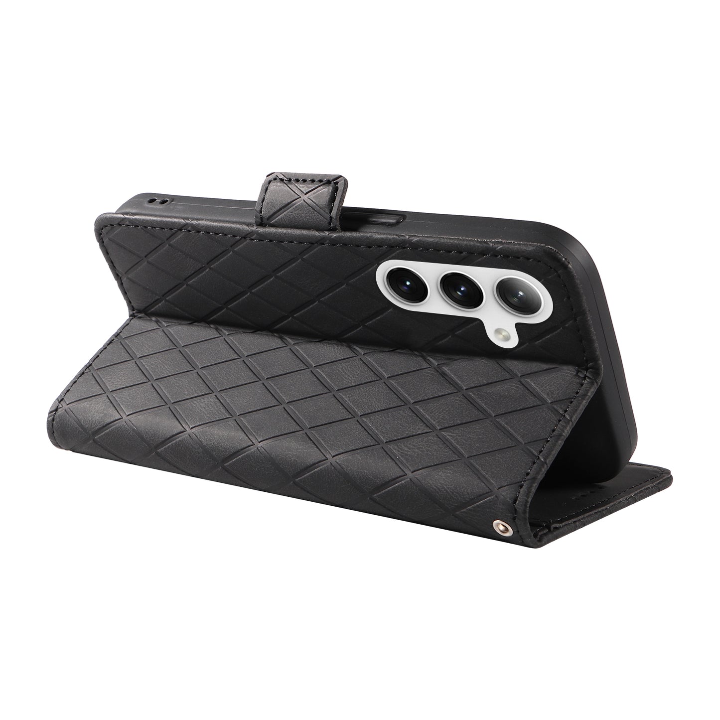 For Samsung Galaxy S24+ Case Rhombus Imprinted Leather Wallet Phone Cover - Black