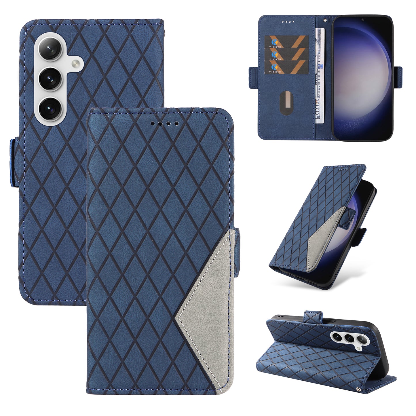 For Samsung Galaxy S24+ Case Rhombus Imprinted Leather Wallet Phone Cover - Blue