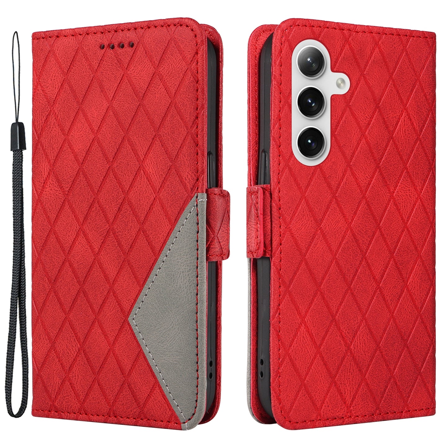 For Samsung Galaxy S24+ Case Rhombus Imprinted Leather Wallet Phone Cover - Red