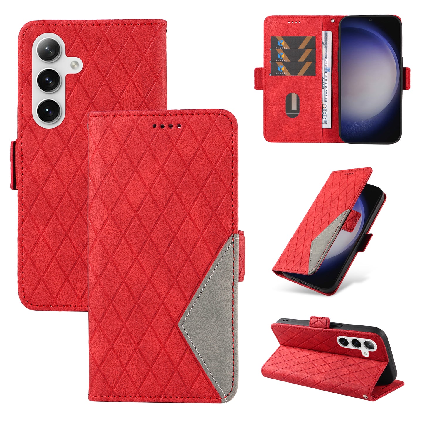 For Samsung Galaxy S24+ Case Rhombus Imprinted Leather Wallet Phone Cover - Red