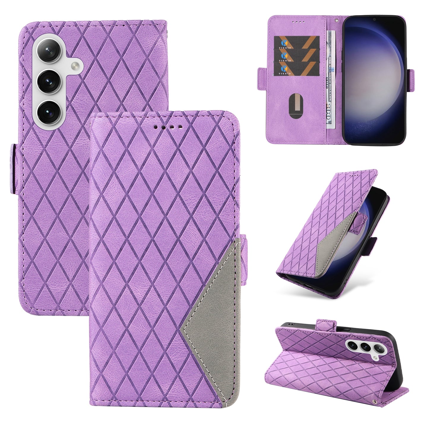 For Samsung Galaxy S24+ Case Rhombus Imprinted Leather Wallet Phone Cover - Light Purple