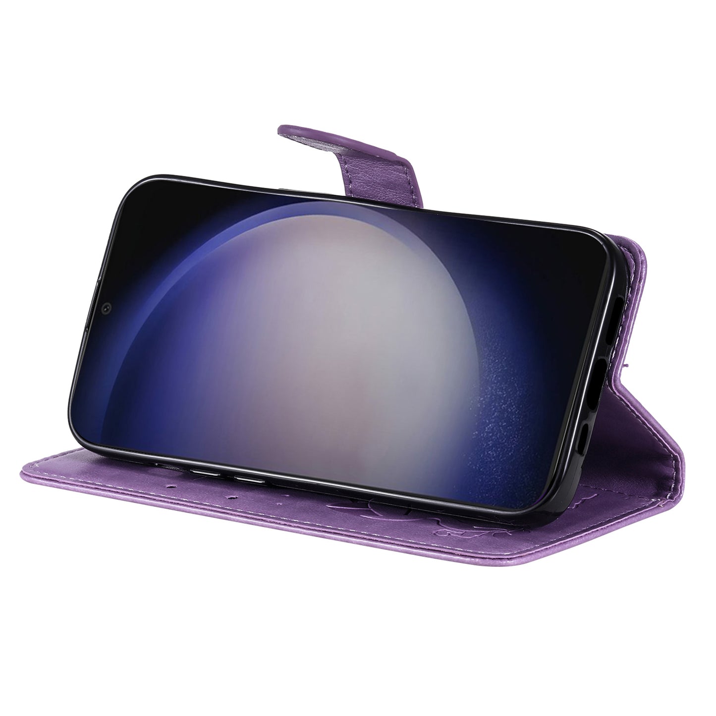 KT Imprinting Flower Series-4 For Samsung Galaxy S24+ Case Cat Imprinted Wallet Phone Cover - Purple
