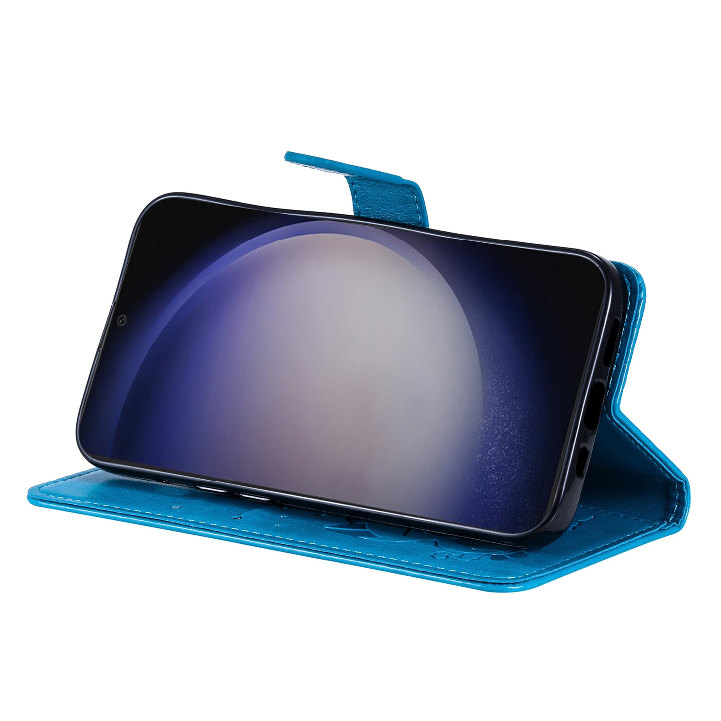 KT Imprinting Flower Series-4 For Samsung Galaxy S24+ Case Cat Imprinted Wallet Phone Cover - Blue
