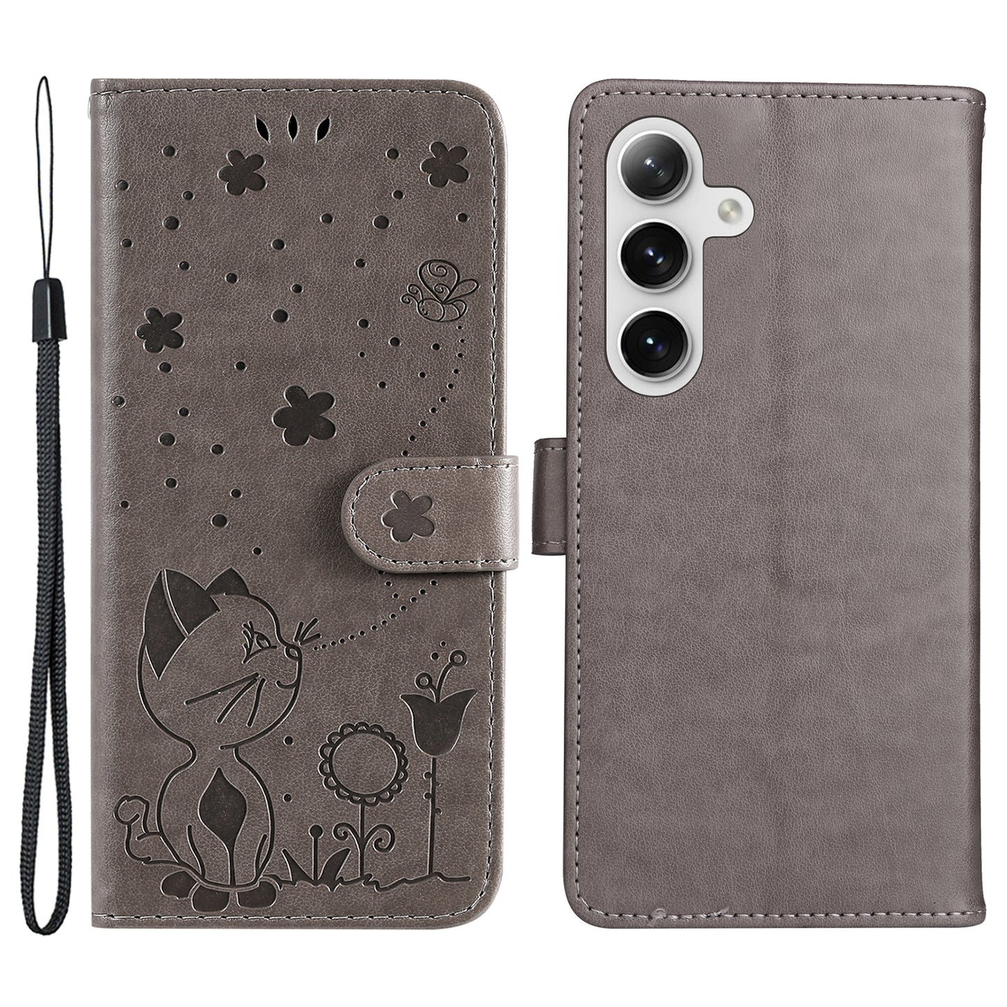 KT Imprinting Flower Series-4 For Samsung Galaxy S24+ Case Cat Imprinted Wallet Phone Cover - Grey