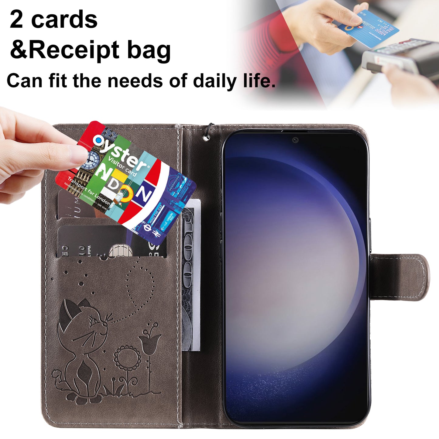 KT Imprinting Flower Series-4 For Samsung Galaxy S24+ Case Cat Imprinted Wallet Phone Cover - Grey