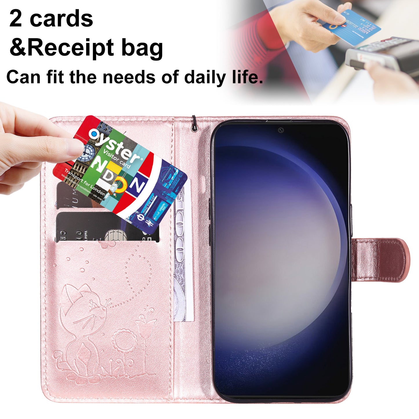 KT Imprinting Flower Series-4 For Samsung Galaxy S24+ Case Cat Imprinted Wallet Phone Cover - Rose Gold