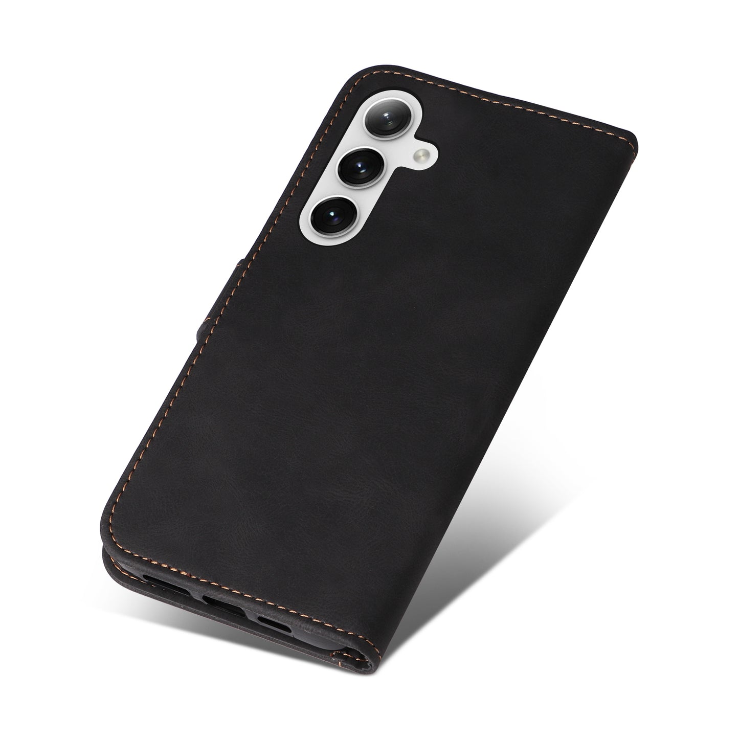 For Samsung Galaxy S24+ Case Three-color Splicing Wallet Phone Cover with Strap - Black