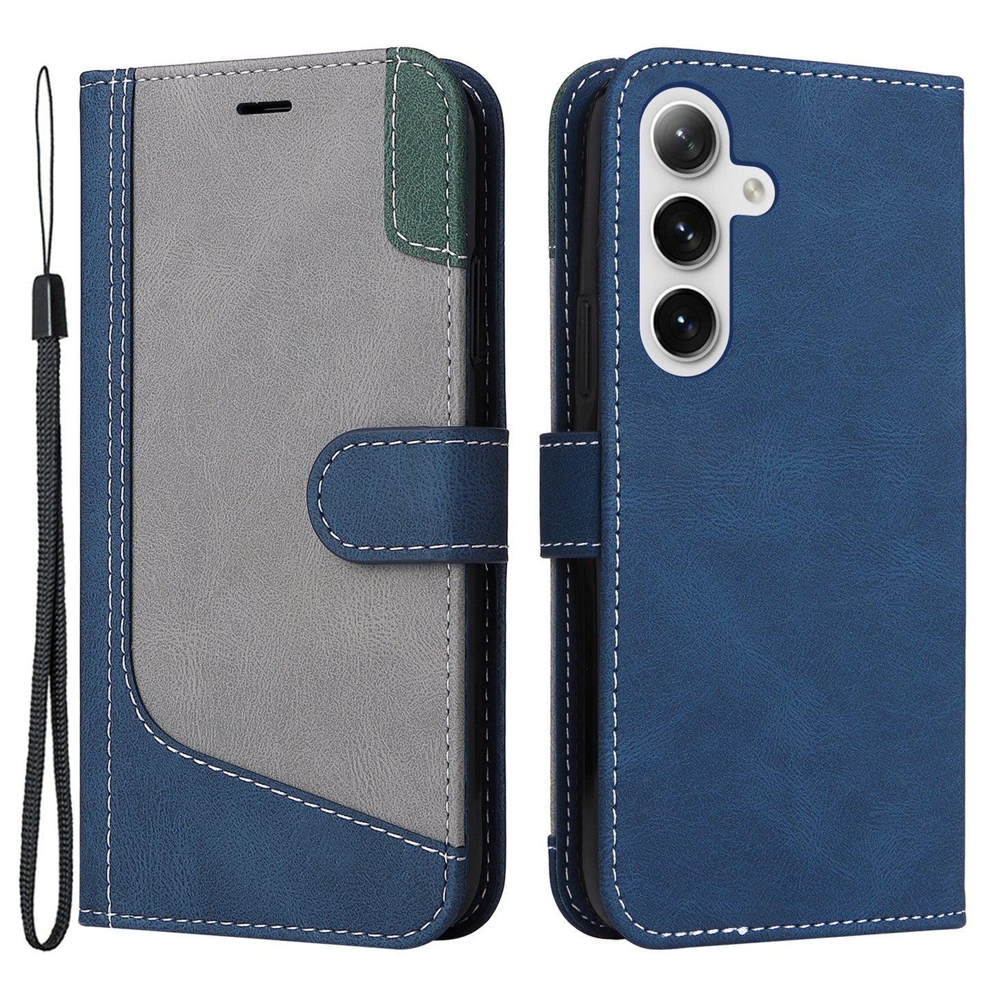For Samsung Galaxy S24+ Case Three-color Splicing Wallet Phone Cover with Strap - Blue