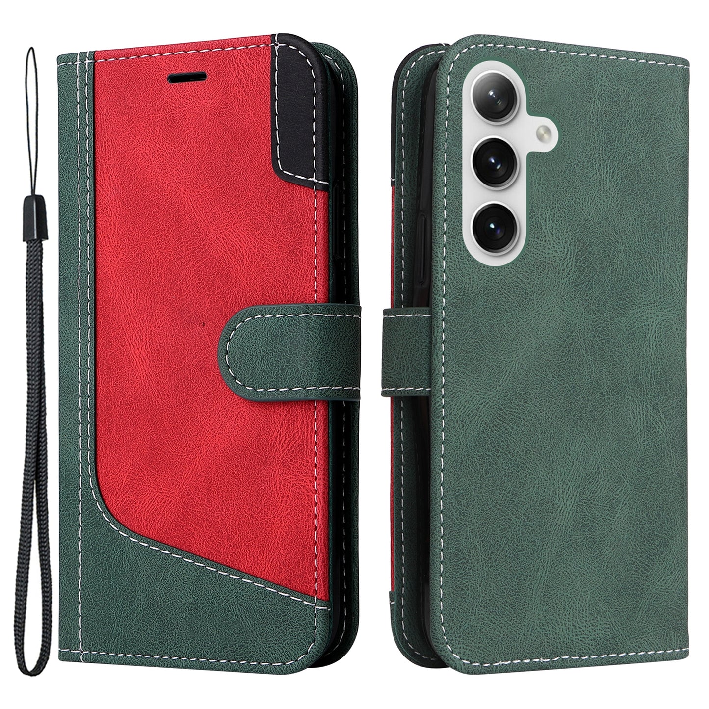 For Samsung Galaxy S24+ Case Three-color Splicing Wallet Phone Cover with Strap - Green