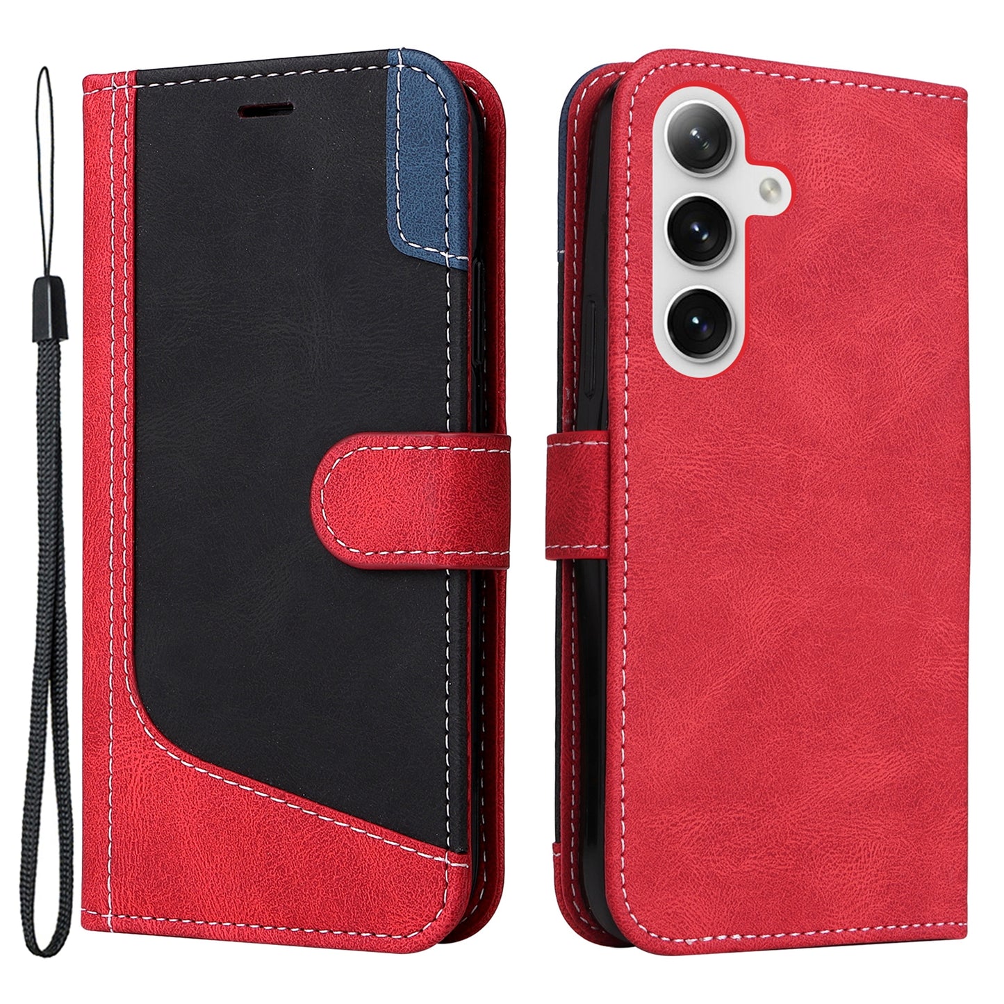 For Samsung Galaxy S24+ Case Three-color Splicing Wallet Phone Cover with Strap - Red
