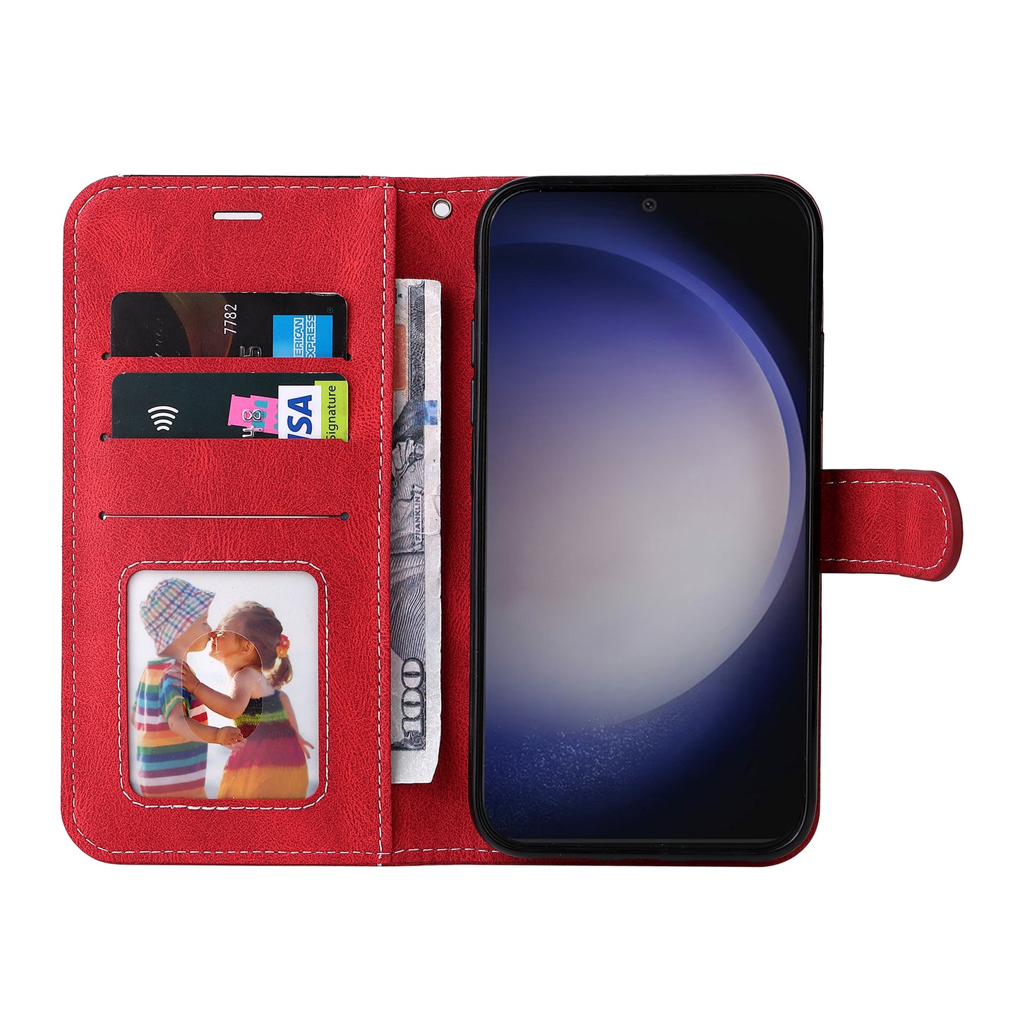 For Samsung Galaxy S24+ Case Three-color Splicing Wallet Phone Cover with Strap - Red