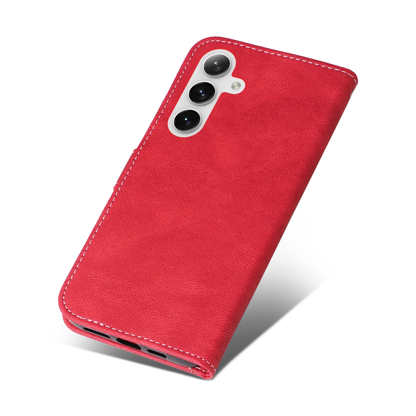 For Samsung Galaxy S24+ Case Three-color Splicing Wallet Phone Cover with Strap - Red