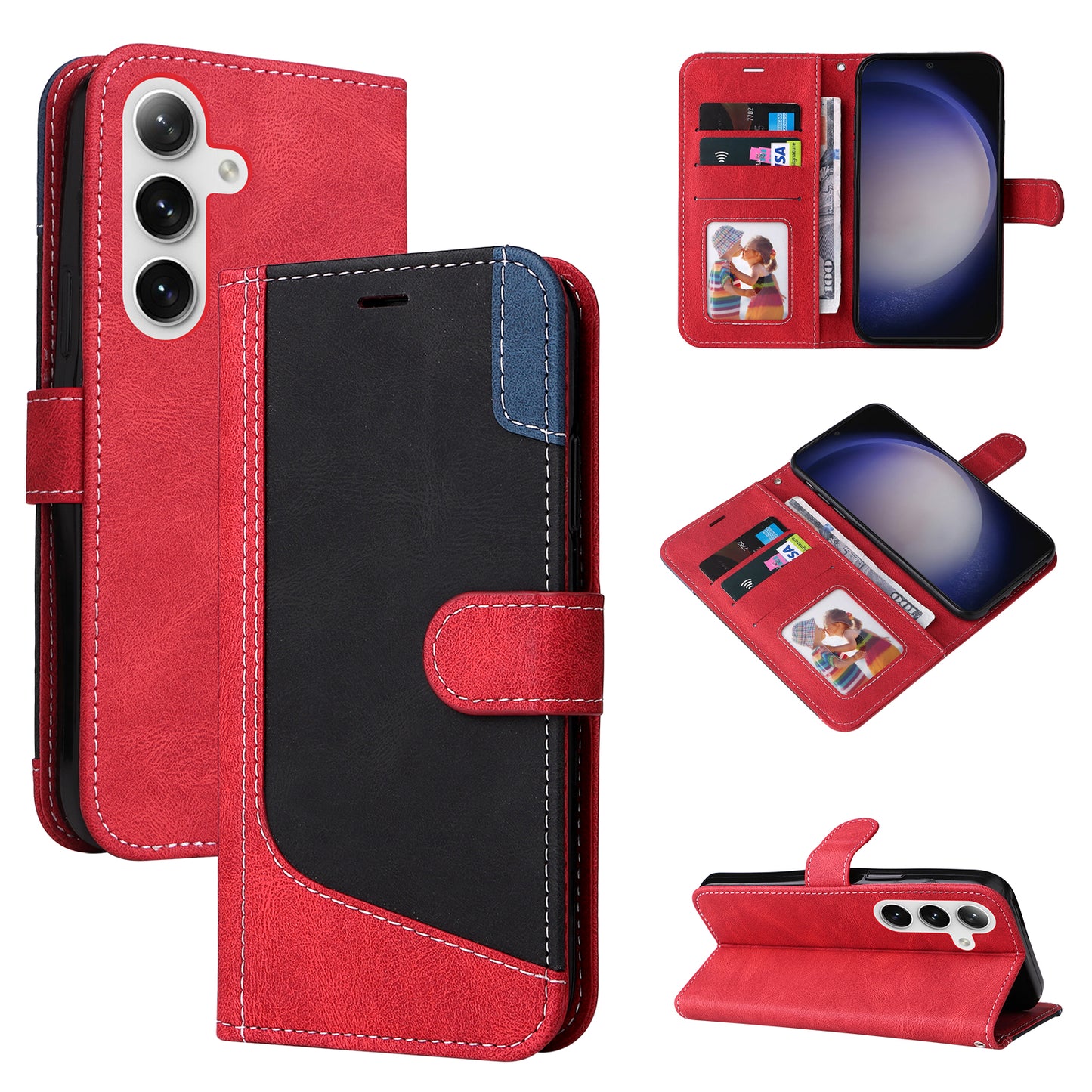 For Samsung Galaxy S24+ Case Three-color Splicing Wallet Phone Cover with Strap - Red