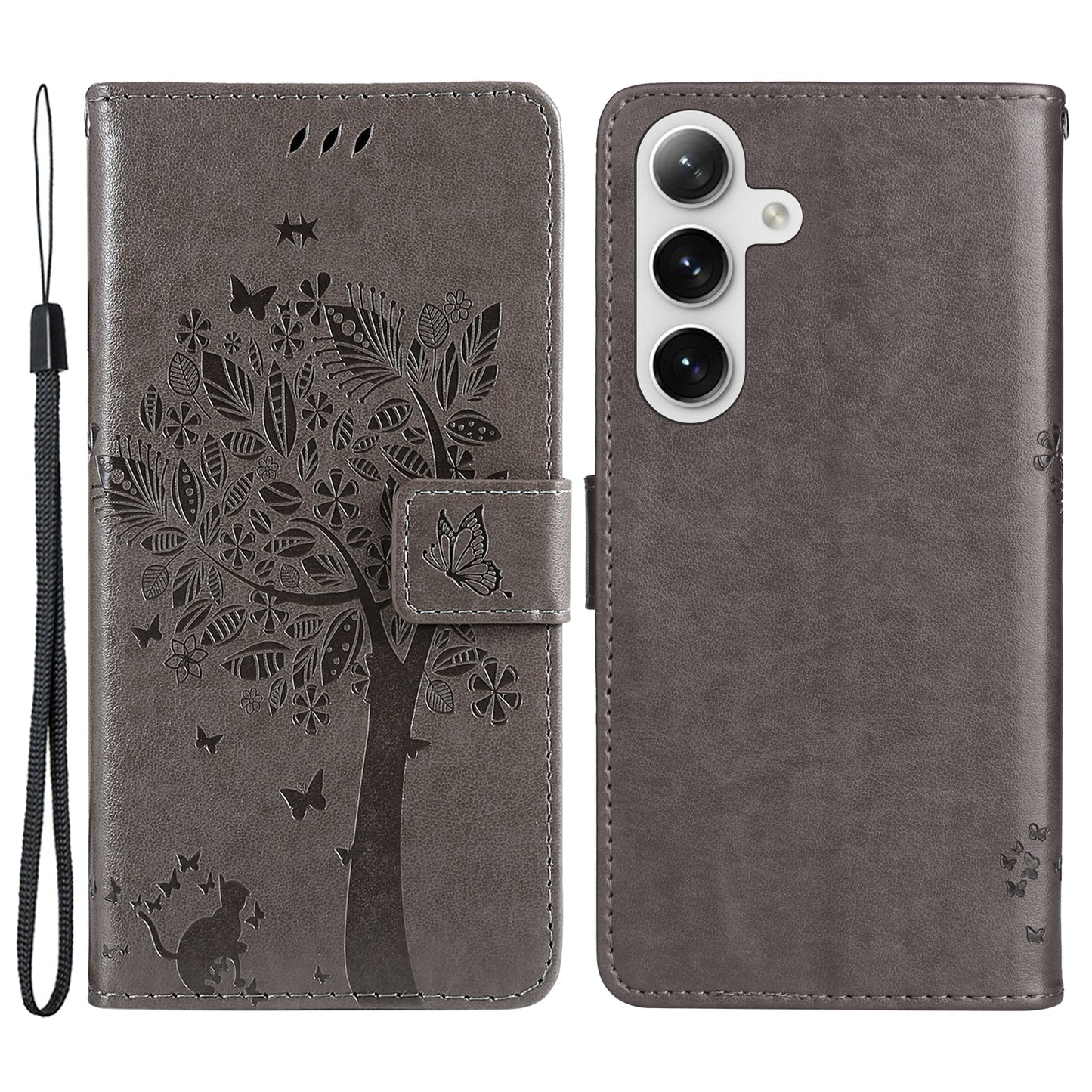 KT Imprinting Flower Series-3 for Samsung Galaxy S24+ Case Imprinted Cat Tree Wallet Phone Cover - Grey