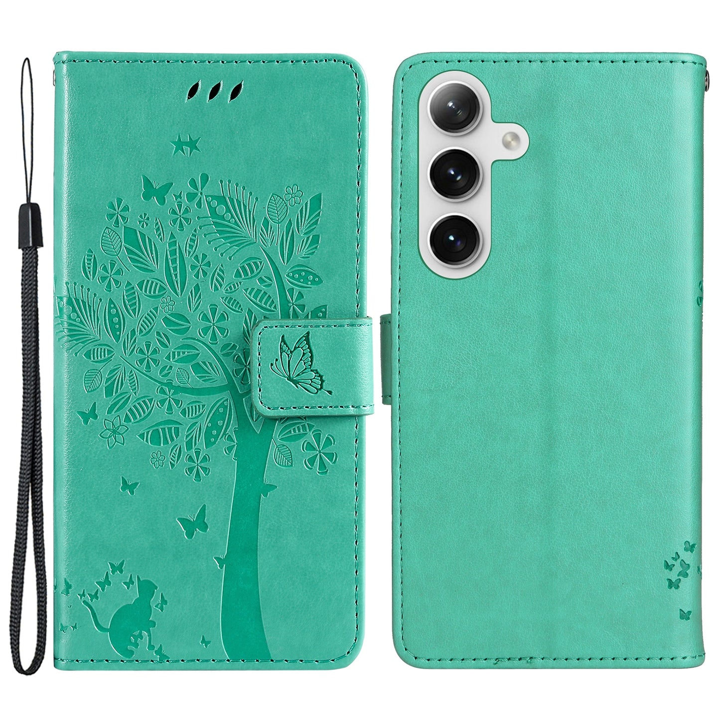 KT Imprinting Flower Series-3 for Samsung Galaxy S24+ Case Imprinted Cat Tree Wallet Phone Cover - Green
