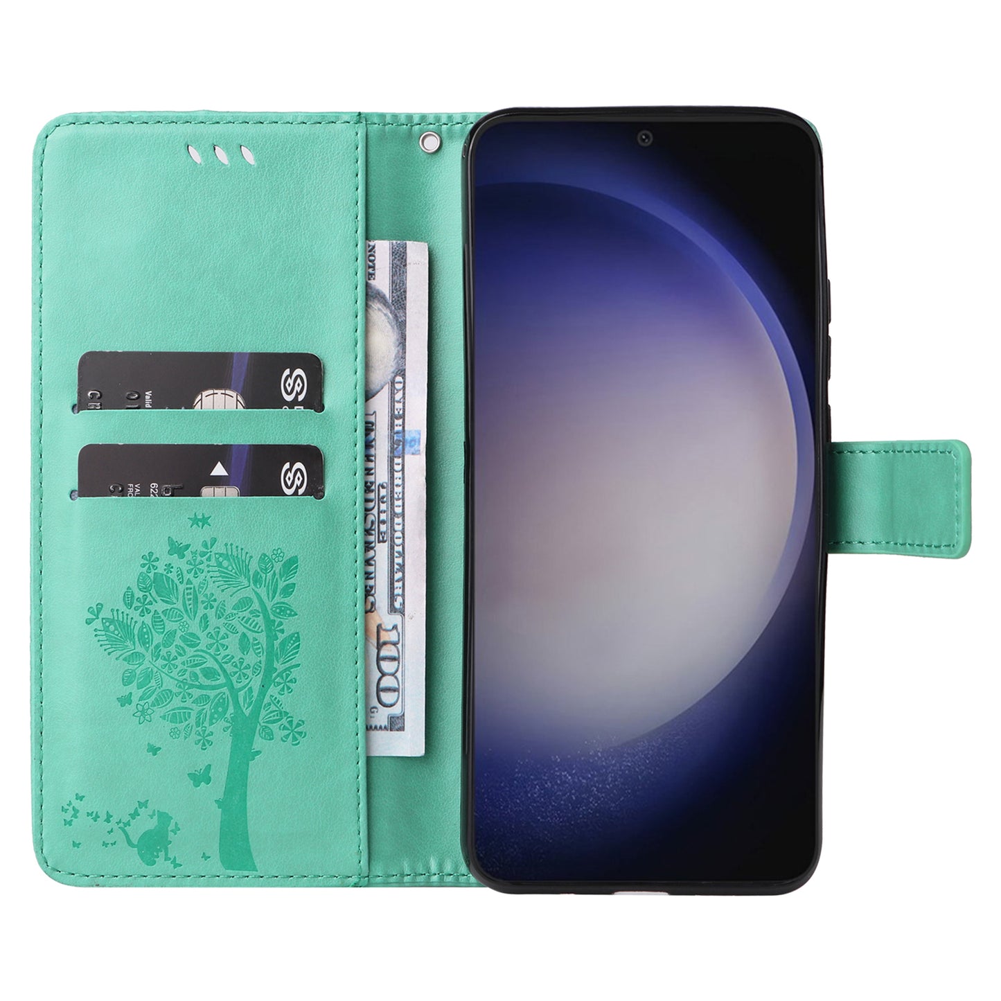KT Imprinting Flower Series-3 for Samsung Galaxy S24+ Case Imprinted Cat Tree Wallet Phone Cover - Green